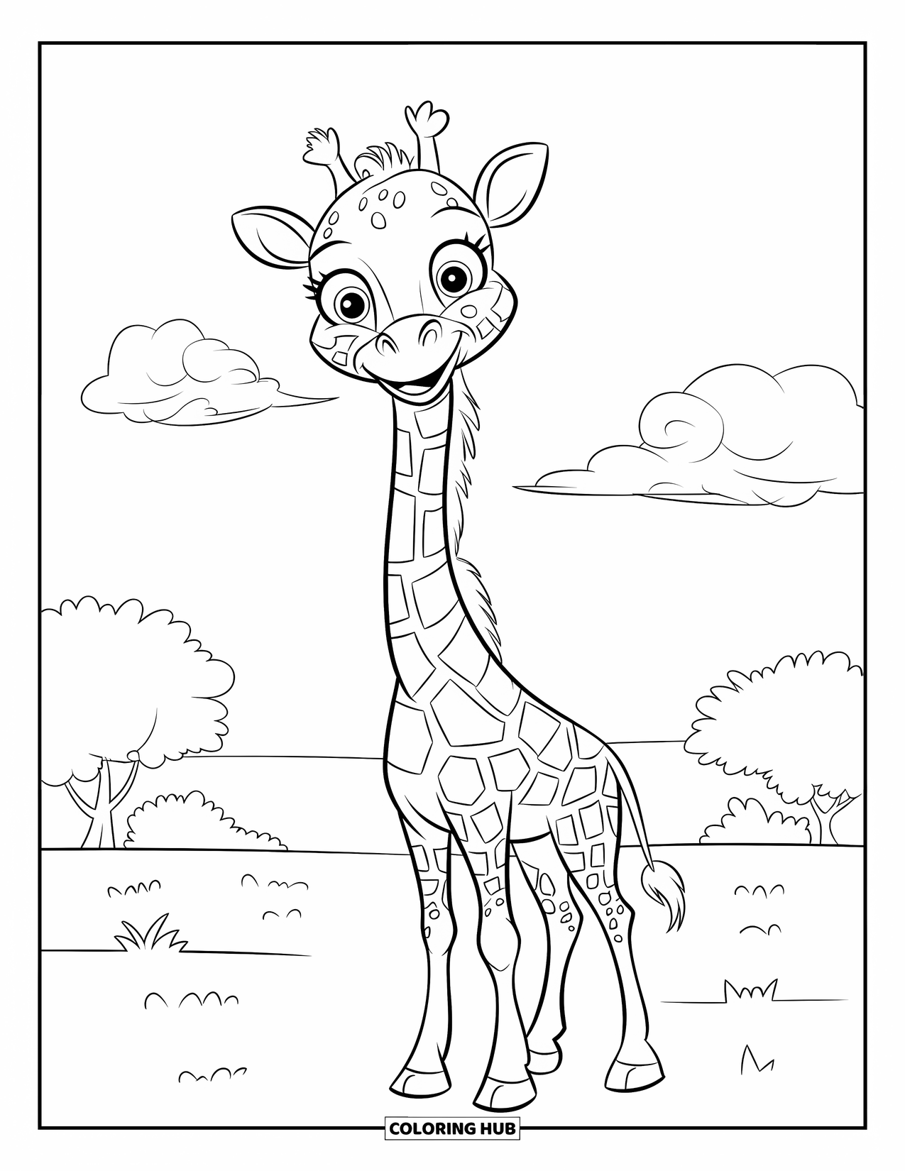 Safari Animal Coloring Page for Kids: A smiling giraffe standing tall under a wide open sky