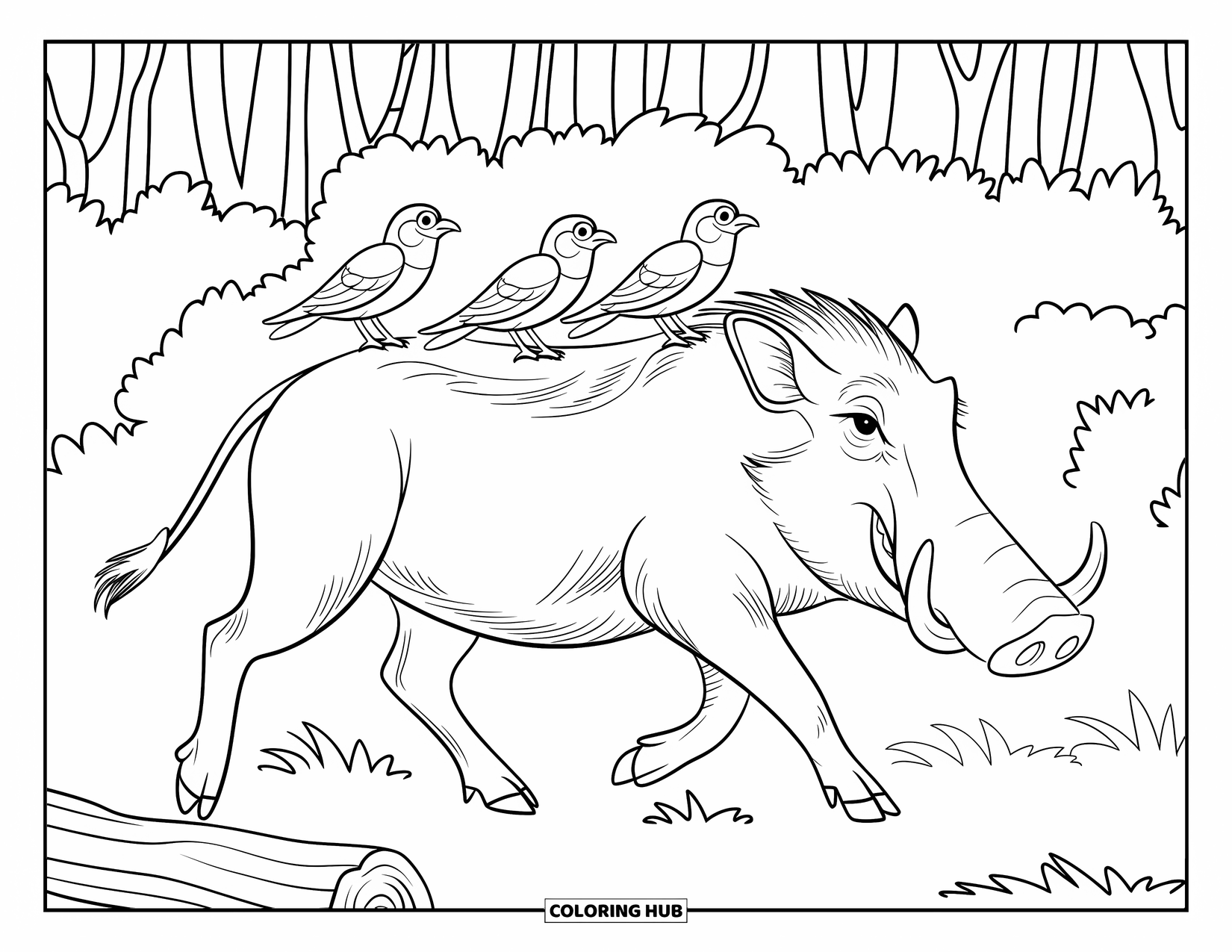 Safari Animal Coloring Page for Kids: A warthog trotting past a log with small birds perched on its back
