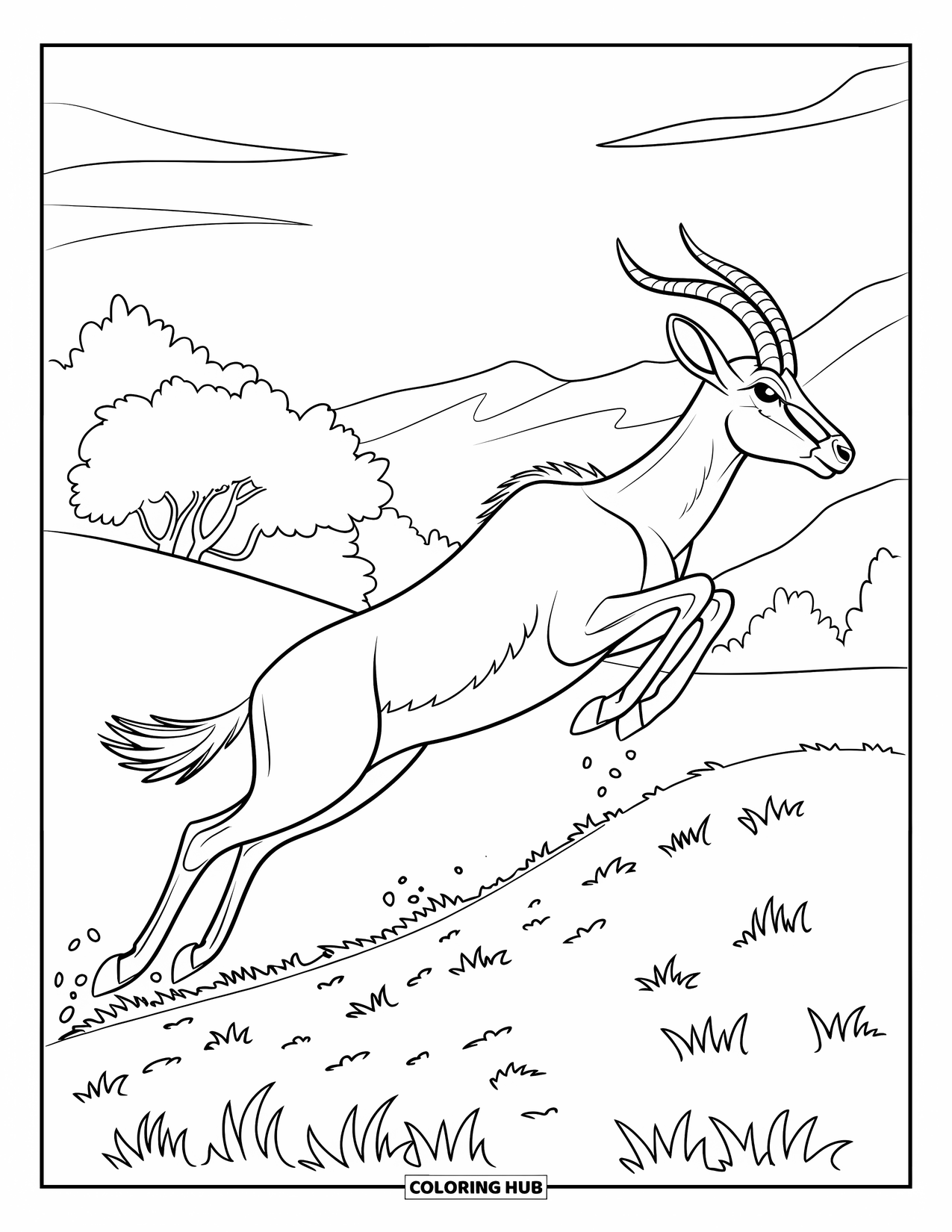 Safari Animal Coloring Page for Kids: An antelope leaping across land with mountains, trees, and open sky
