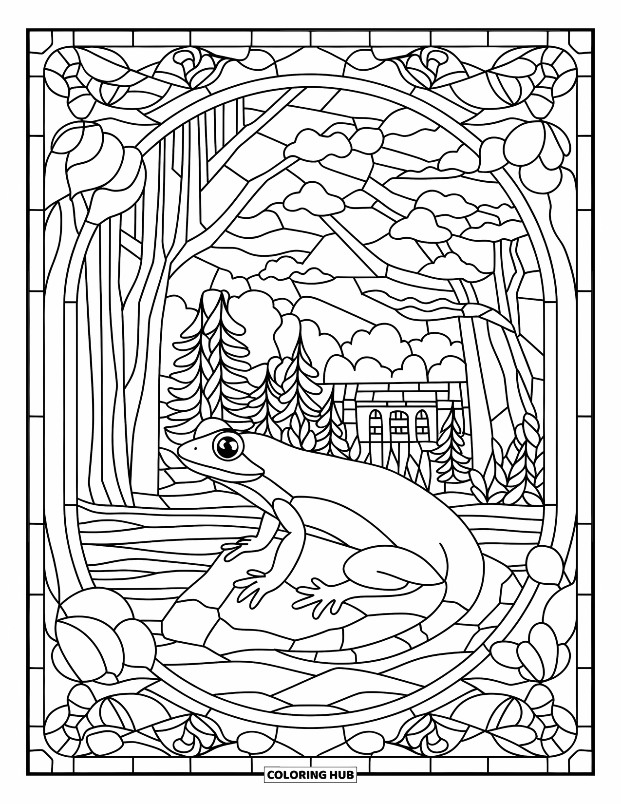 Salamander Coloring Page for Adults: Salamander by water in a detailed stained glass forest scene