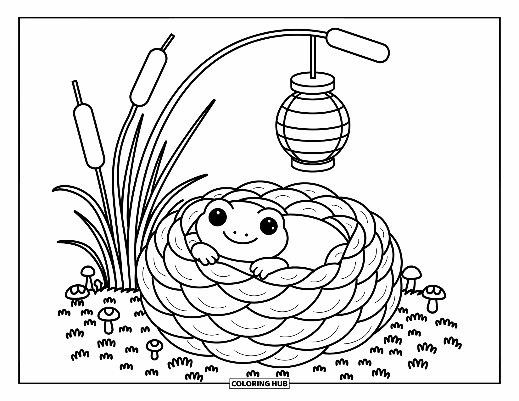 Salamander Coloring Page for Adults: Salamander curled in a blanket of leaves near a hanging lantern
