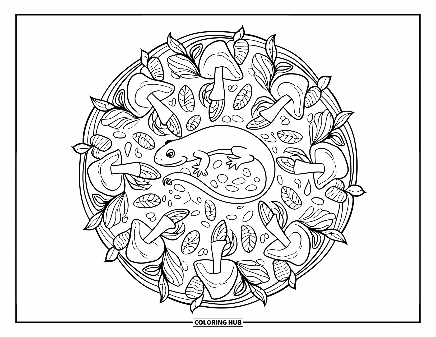 Salamander Coloring Page for Adults: Salamander in a mandala of mushrooms, leaves, and stones