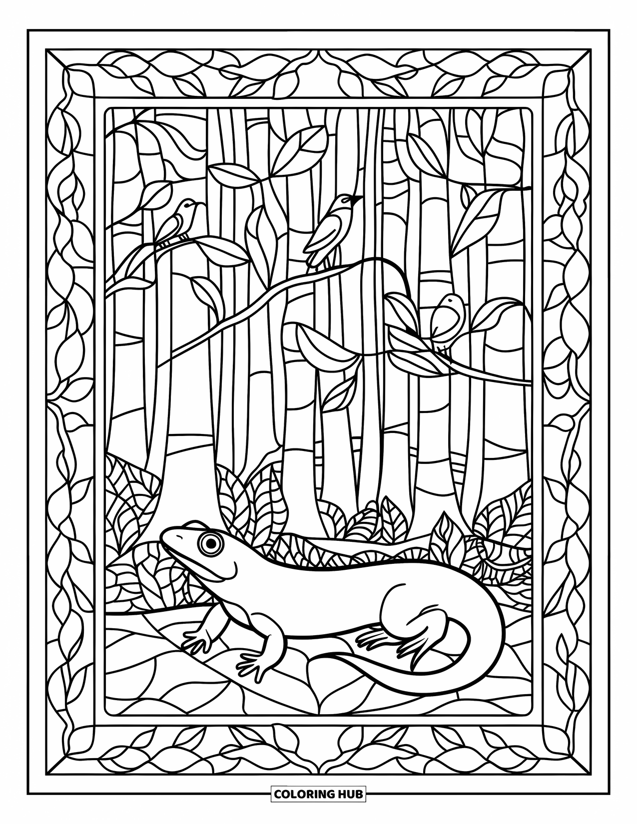 Salamander Coloring Page for Adults: Salamander in a patterned stained glass forest with birds and leaves