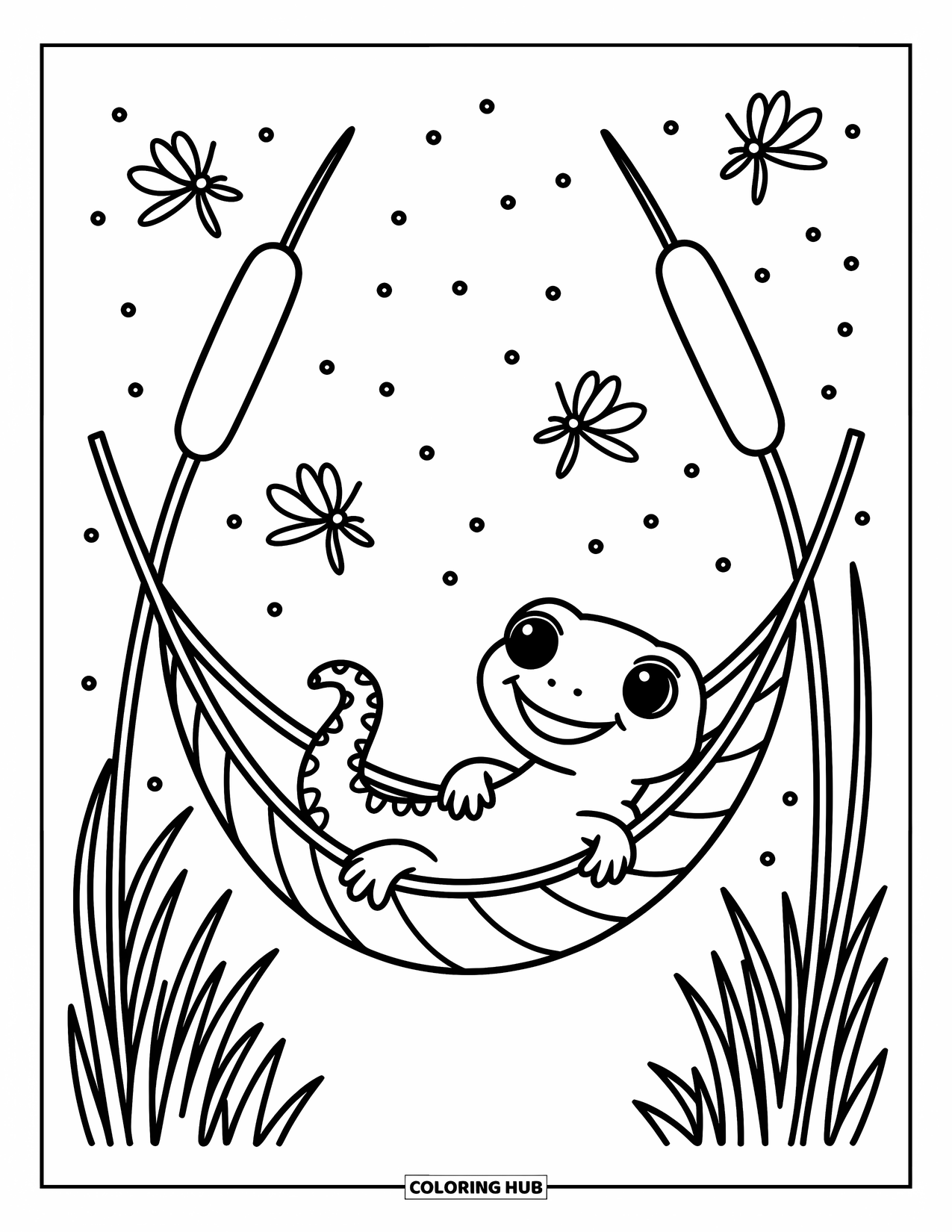 Salamander Coloring Page for Adults: Salamander lounging in a hammock with dragonflies nearby