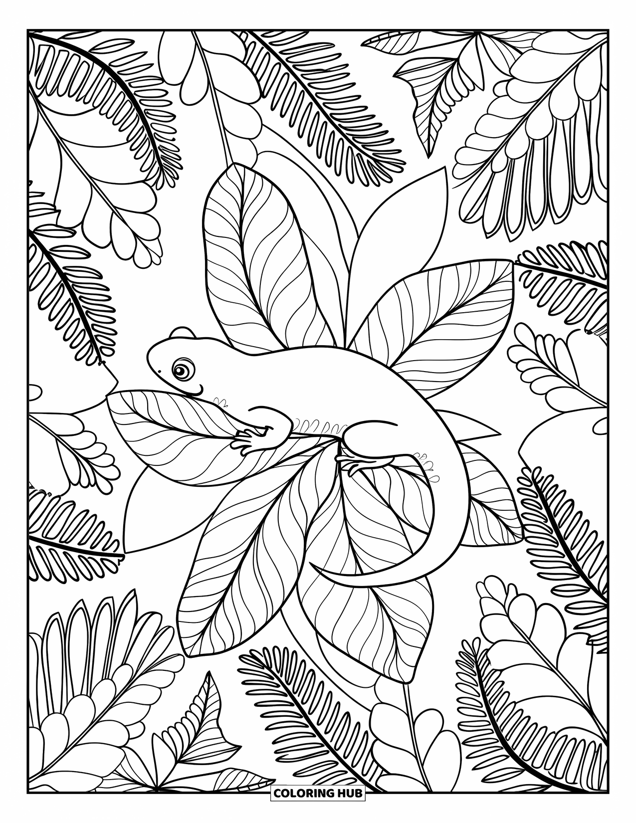 Salamander Coloring Page for Adults: Salamander on a fern surrounded by intricate forest leaf patterns