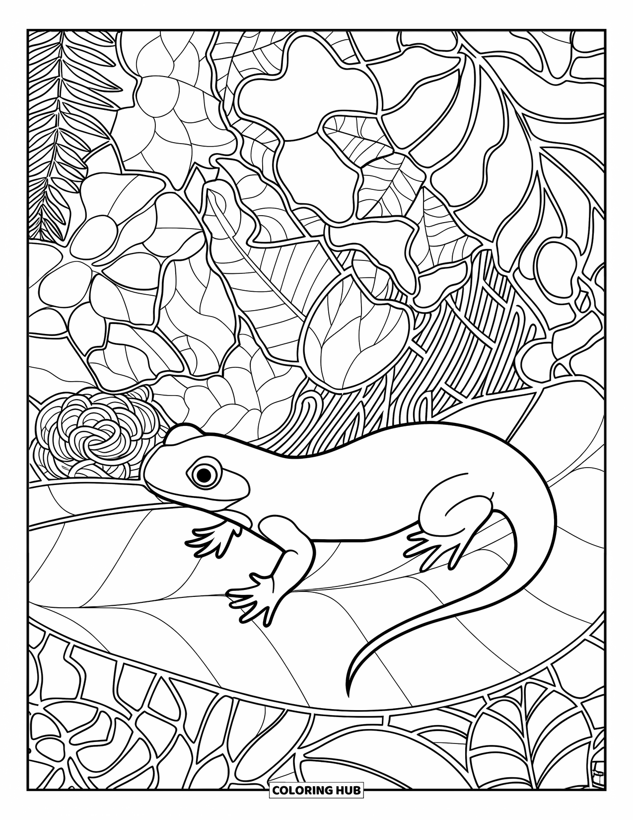 Salamander Coloring Page for Adults: Salamander on a leaf surrounded by stained glass plants and flowers