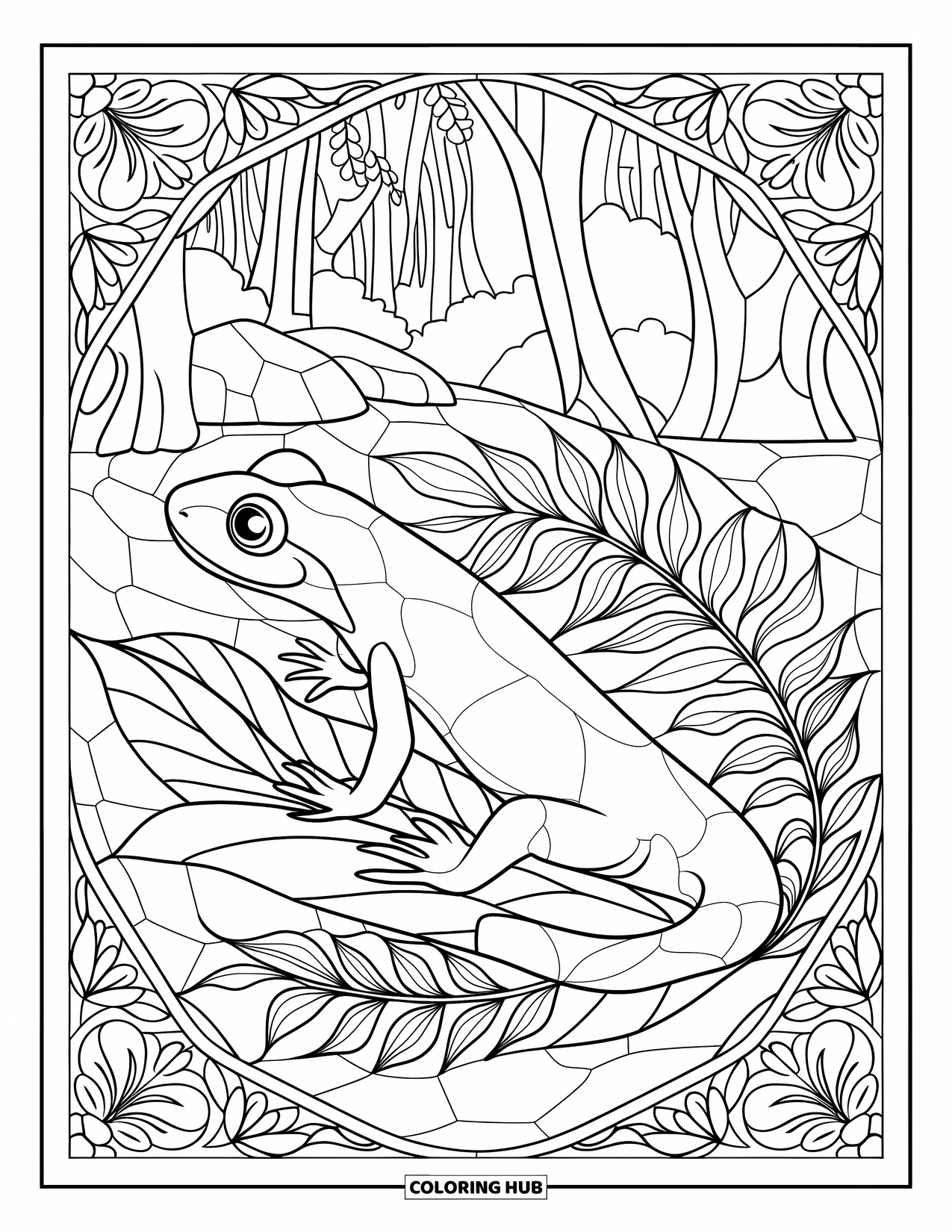 Salamander Coloring Page for Adults: Salamander on a leaf within a forest stained glass scene