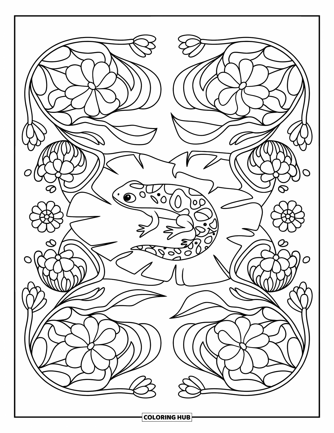 Salamander Coloring Page for Adults: Salamander on a lily pad framed by flowers and curling vines