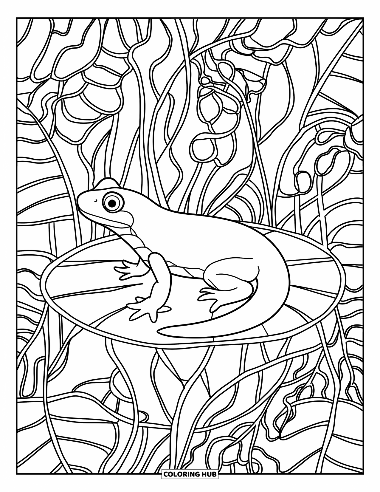 Salamander Coloring Page for Adults: Salamander on a lily pad in a floral stained glass frame