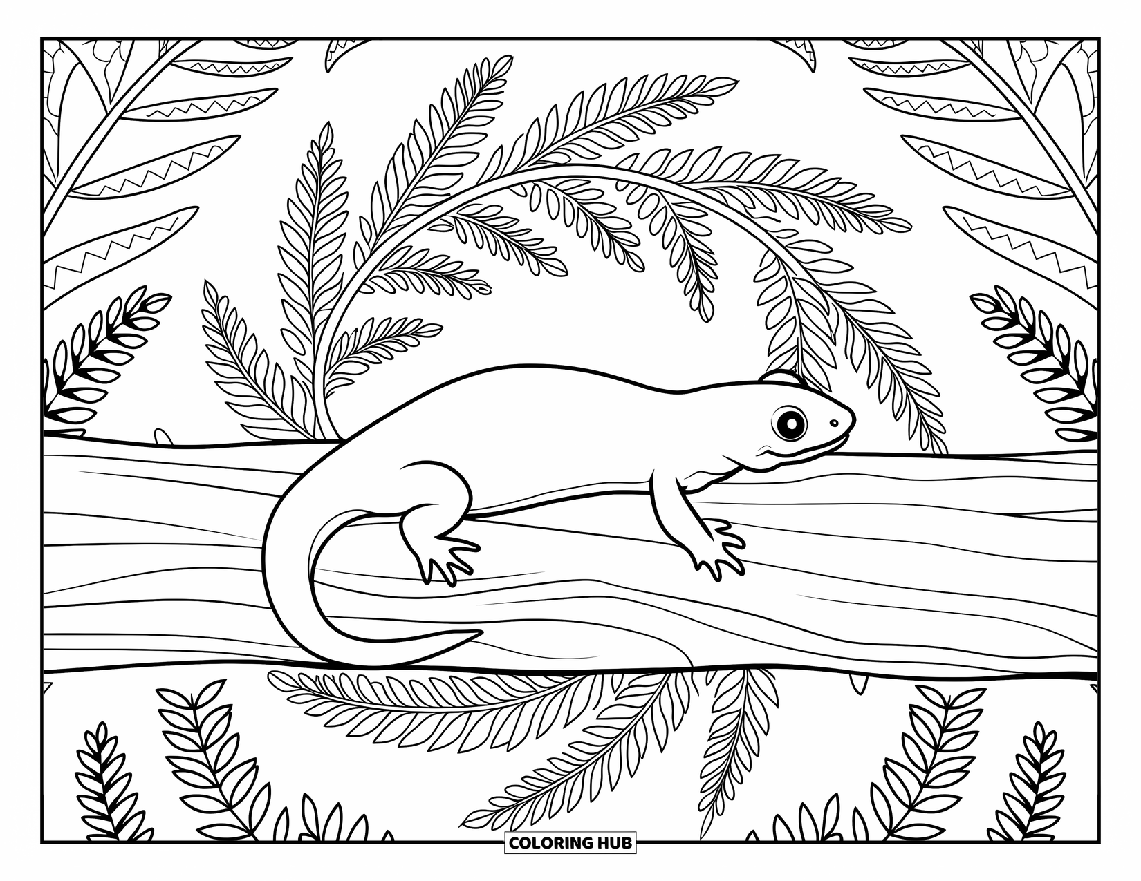 Salamander Coloring Page for Adults: Salamander on a log surrounded by detailed fern mandala designs