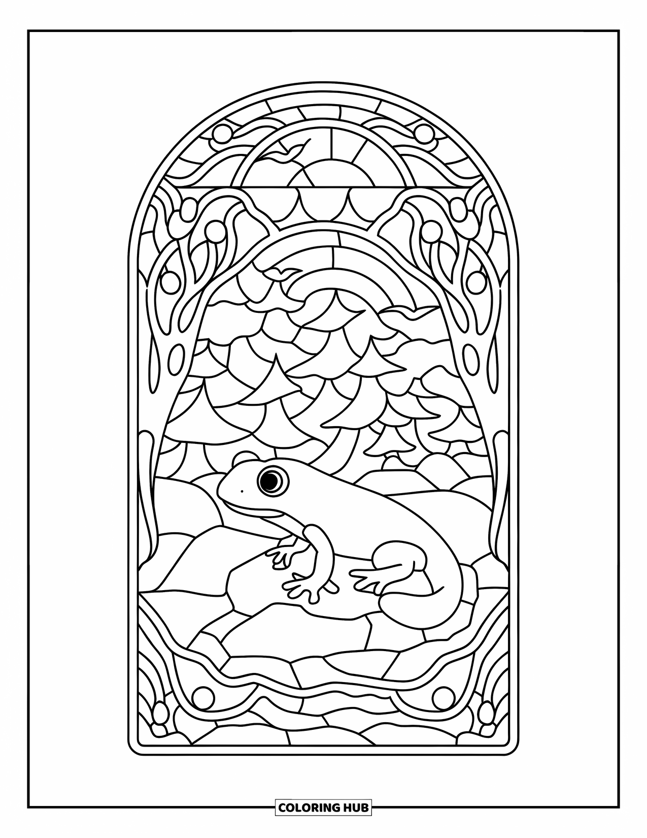 Salamander Coloring Page for Adults: Salamander on a rock within a stained glass forest frame