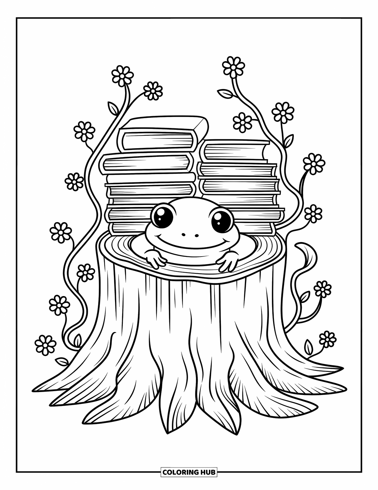 Salamander Coloring Page for Adults: Salamander peeking from a stump near stacks of books and curling vines