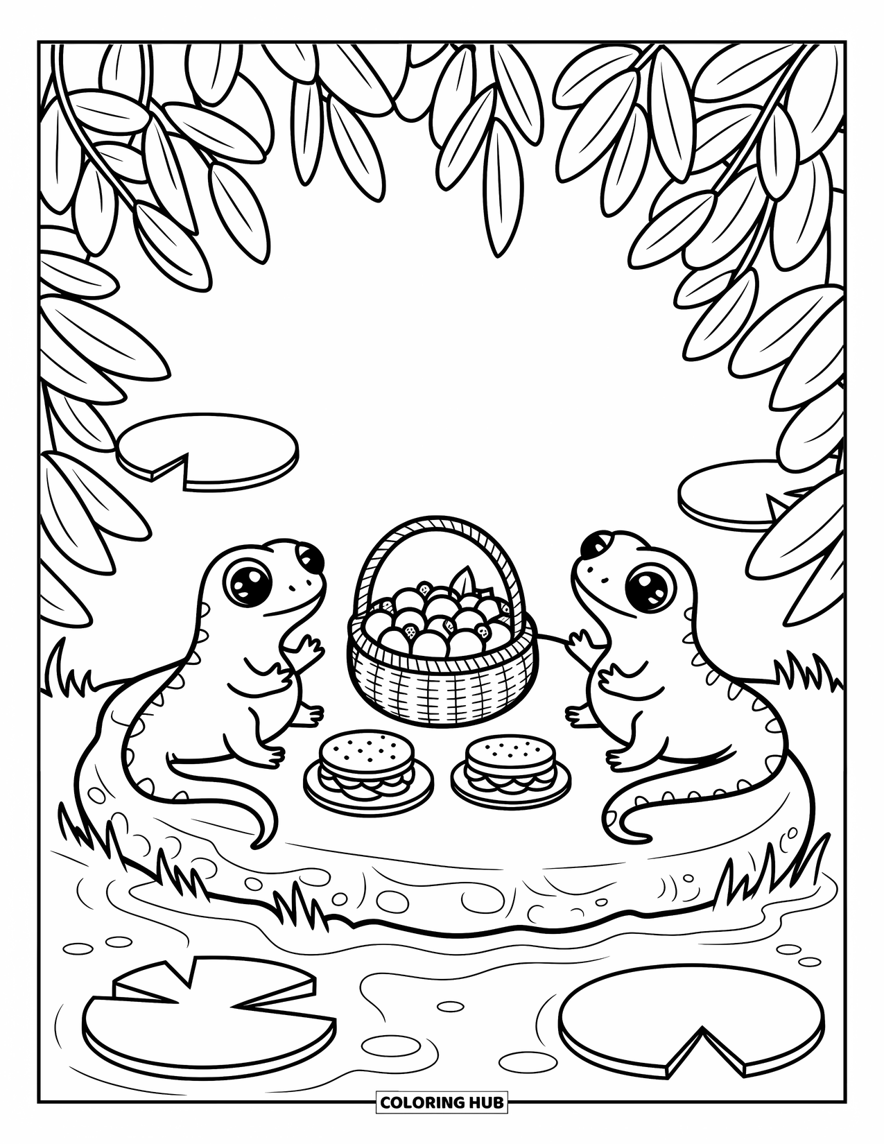 Salamander Coloring Page for Adults: Sitting salamanders sharing a basket of berries and sandwiches