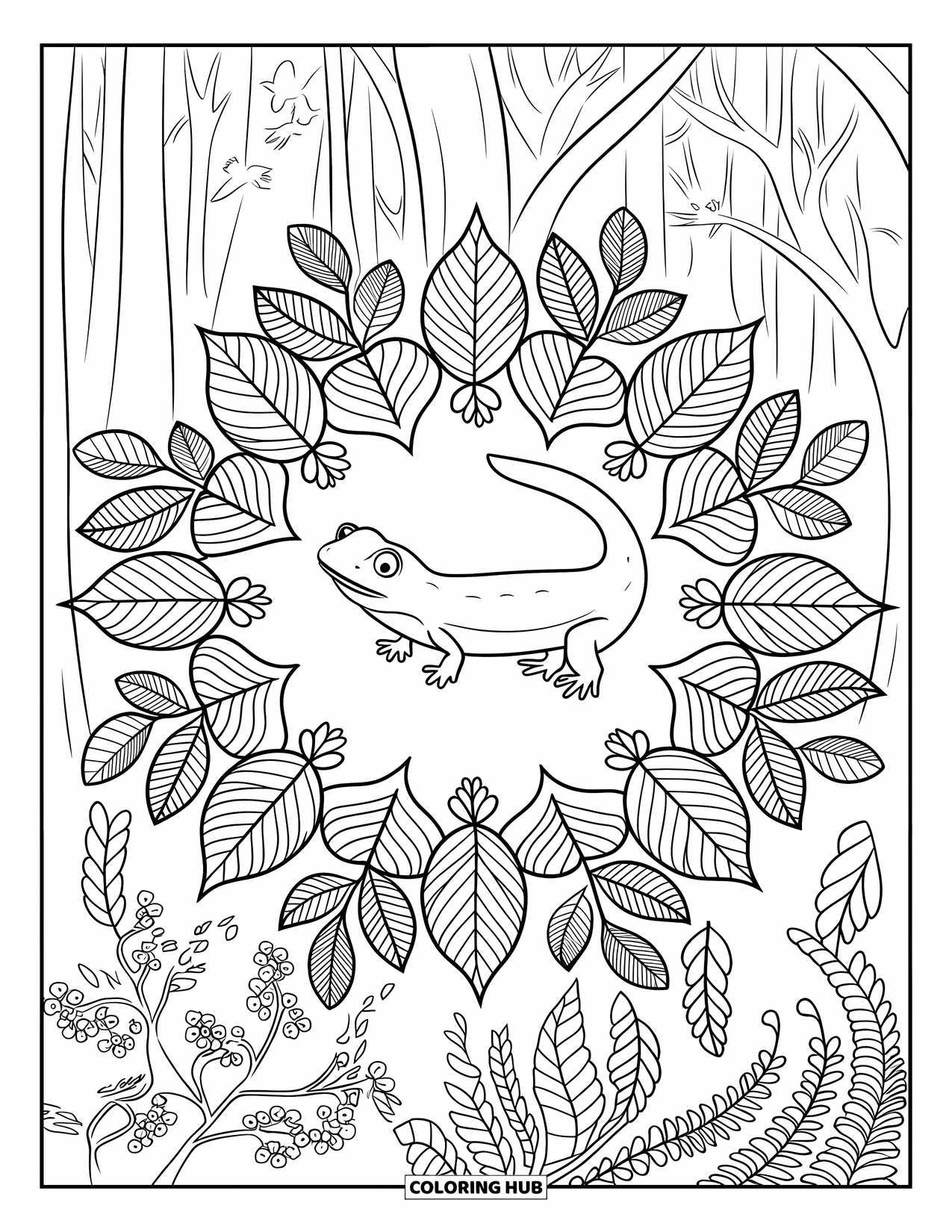 Salamander Coloring Page for Adults: Smooth salamander in a leaf and fern botanical mandala