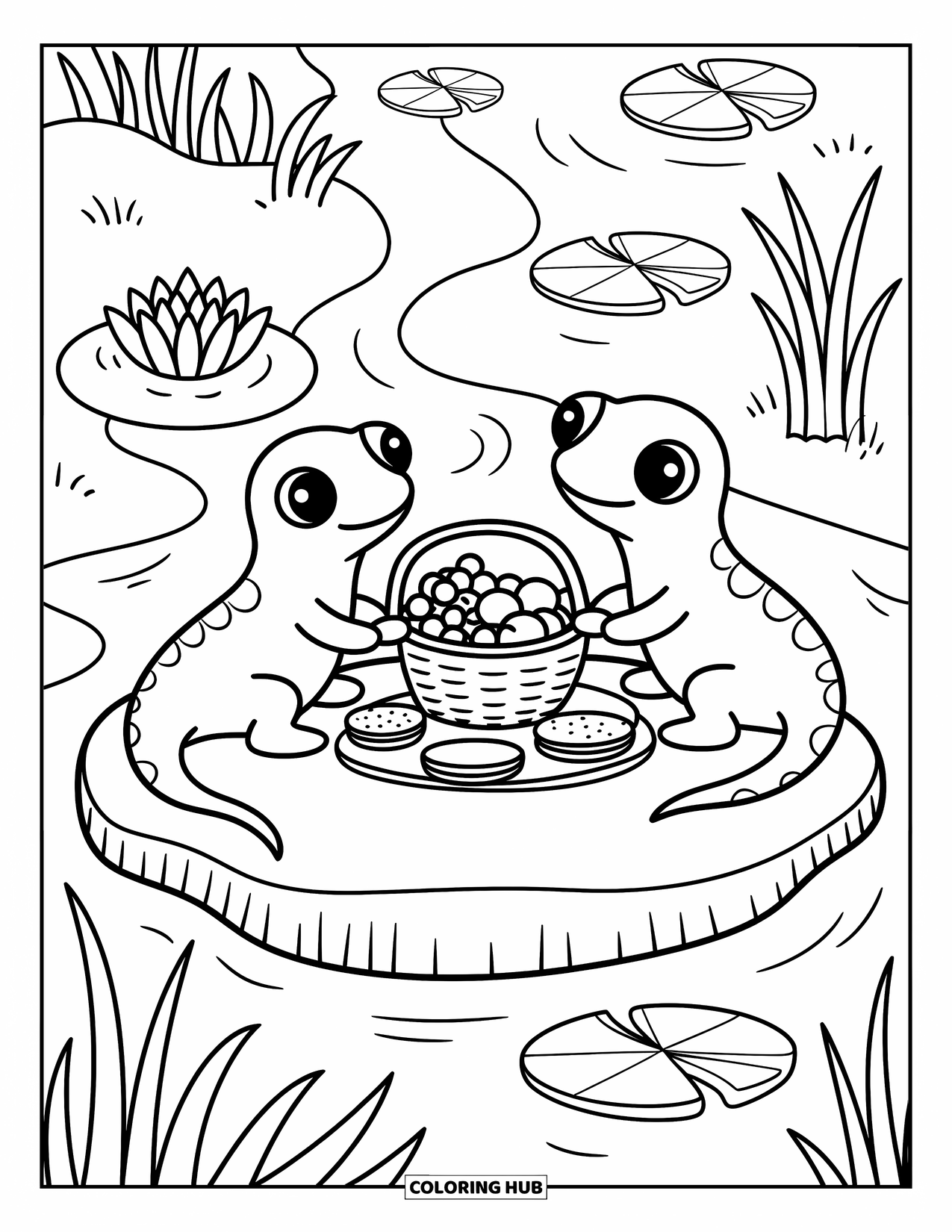 Salamander Coloring Page for Adults: Two salamanders enjoying a picnic on a sun-warmed rock