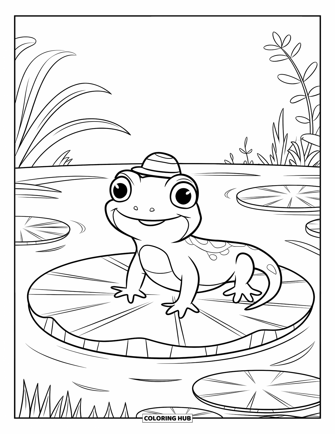 Salamander Coloring Page for Kids: Big-eyed salamander in a hat on lily pad in serene water