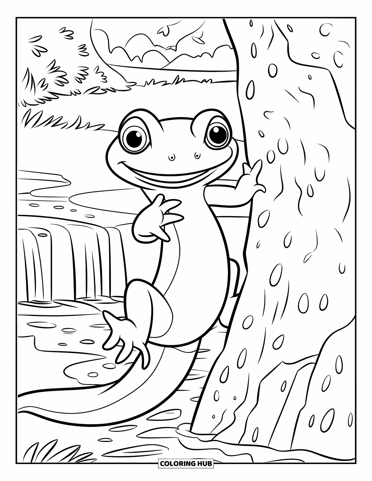 Salamander Coloring Page for Kids: Big-eyed salamander on a wet rock wall with trickling water