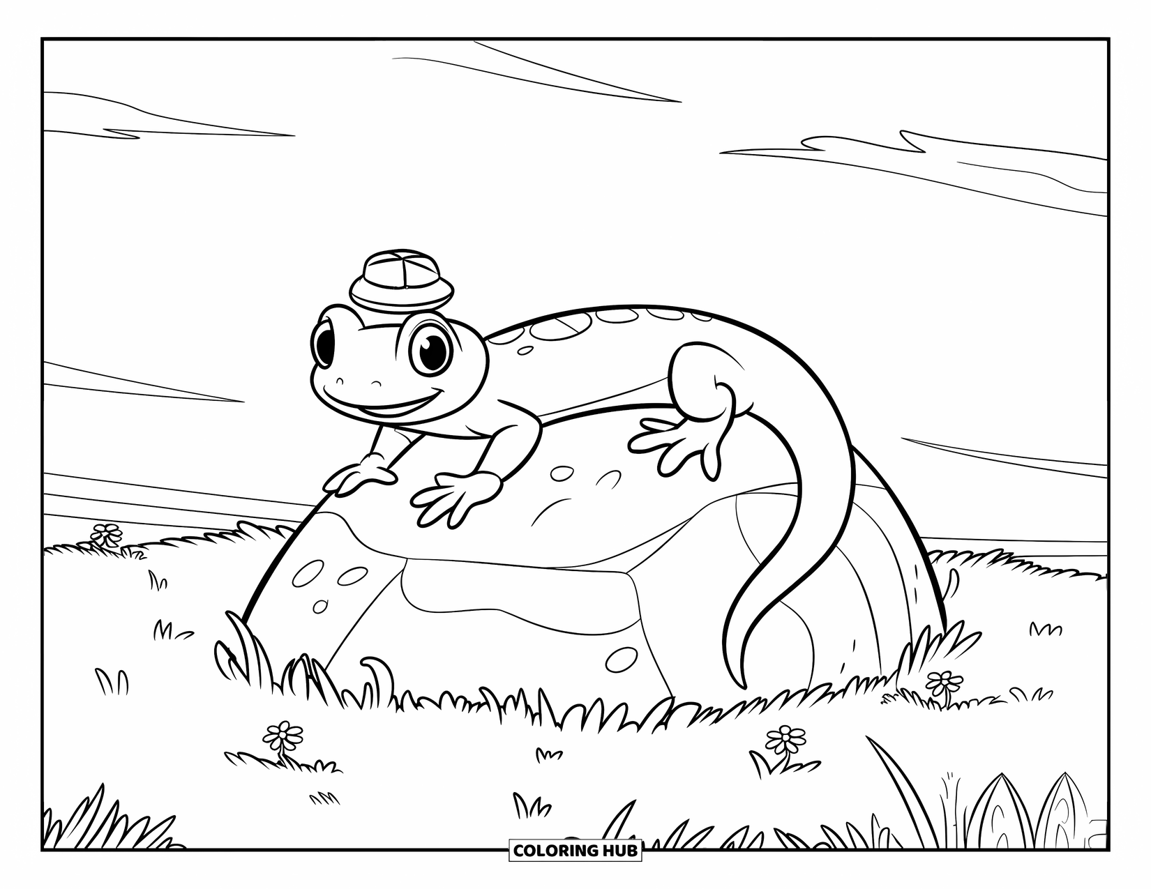 Salamander Coloring Page for Kids: Cheerful salamander in a hat climbing over a round rock in a field