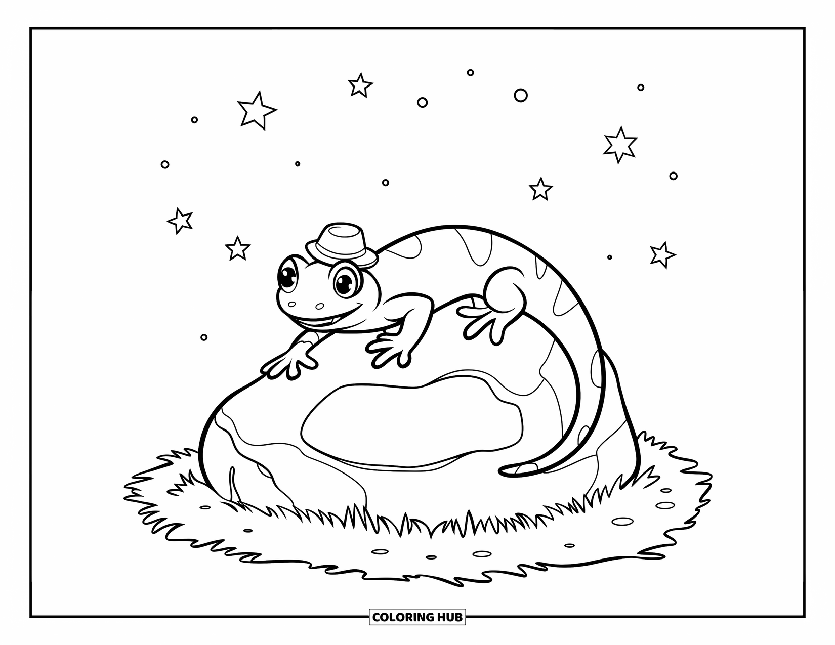 Salamander Coloring Page for Kids: Cheerful salamander in a hat on a rock under a starry sky