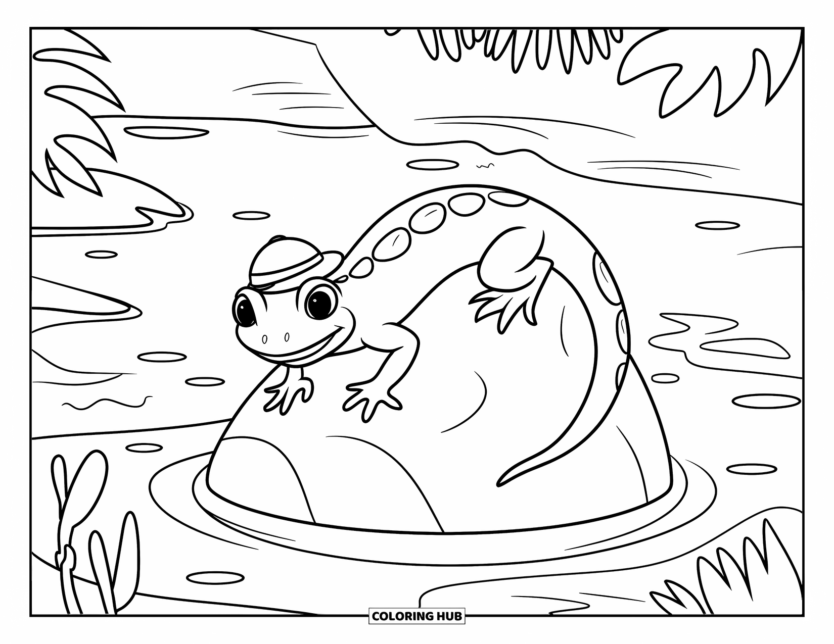 Salamander Coloring Page for Kids: Cheerful salamander in a hat on rock near water and plants