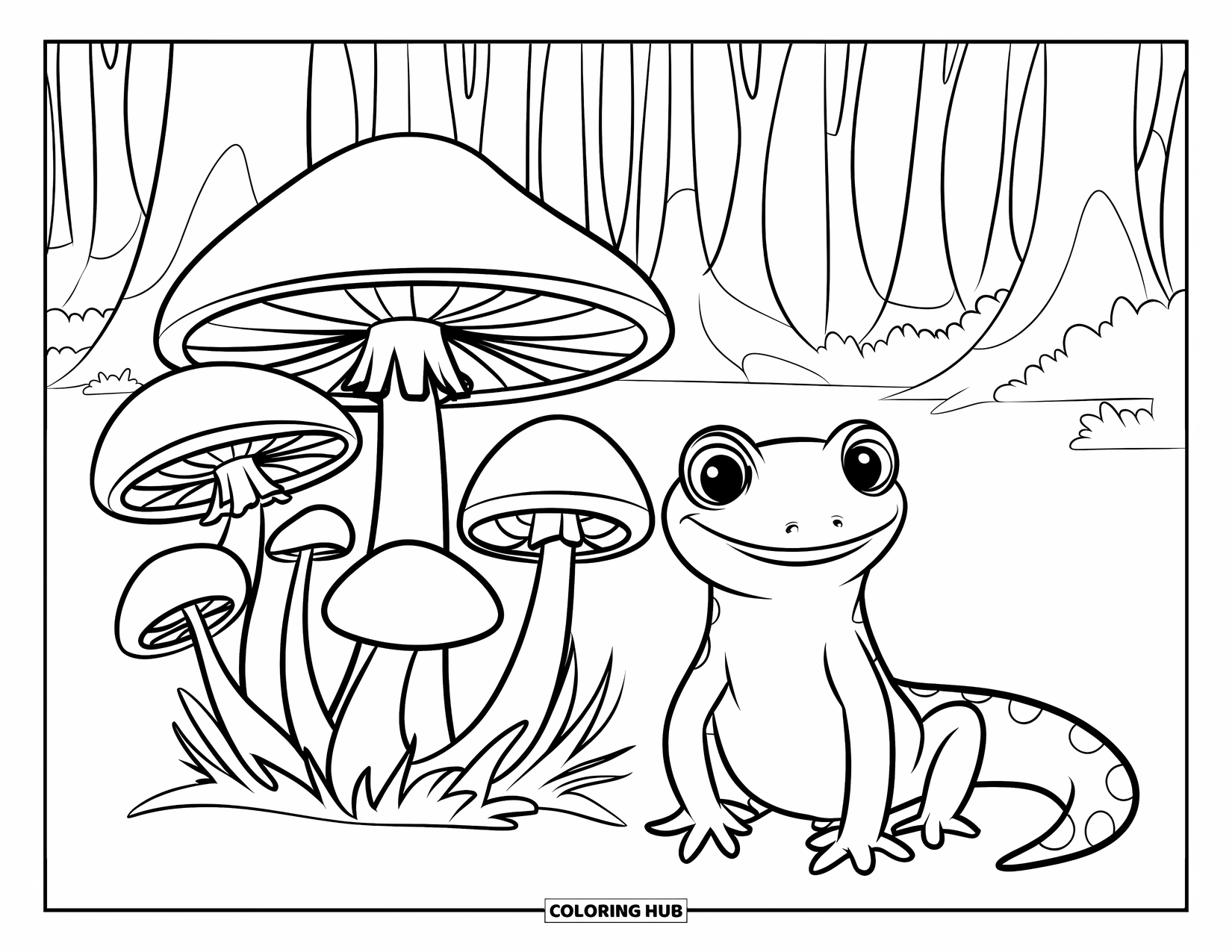 Salamander Coloring Page for Kids: Friendly salamander next to a cluster of mushrooms in a forest