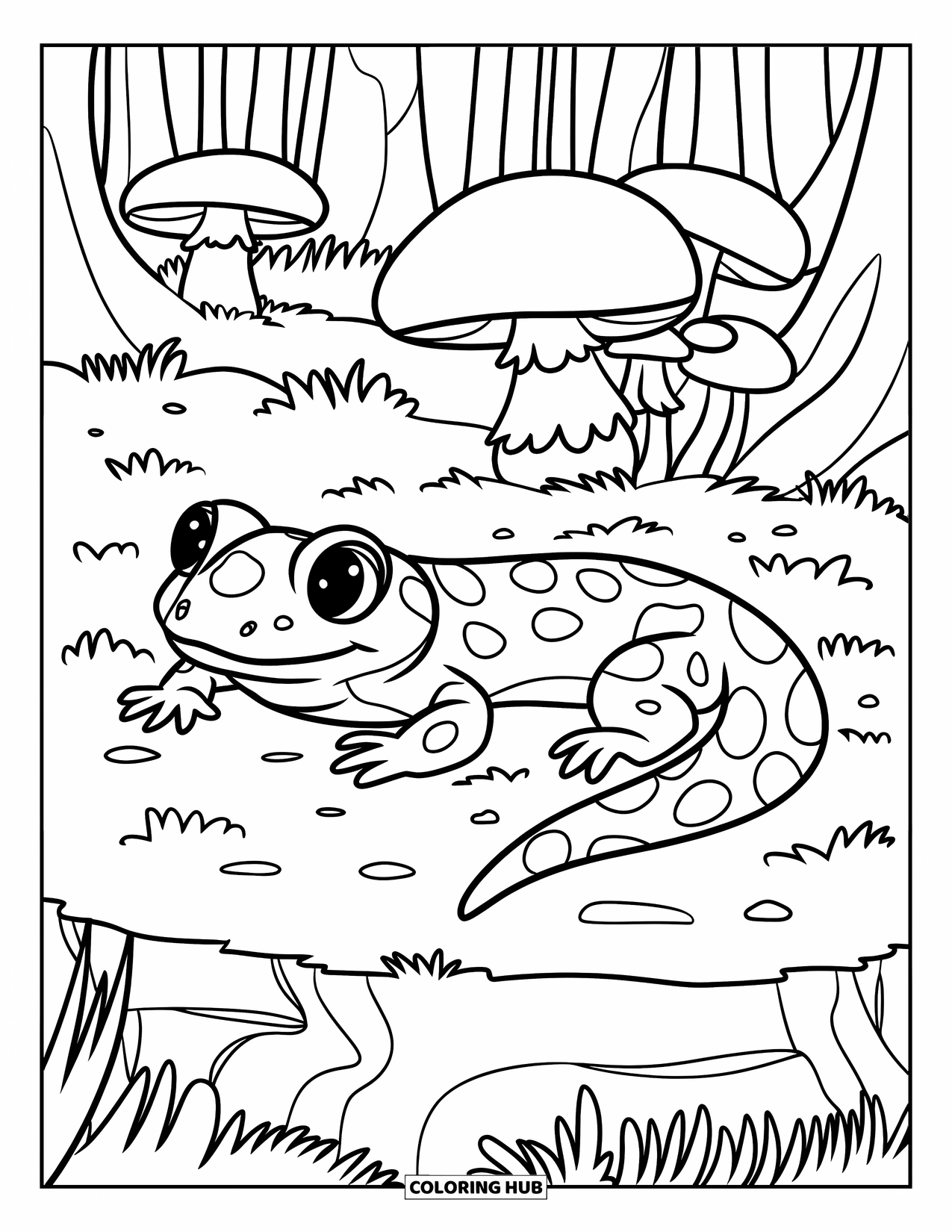 Salamander Coloring Page for Kids: Large-spotted salamander on mossy ground with mushrooms