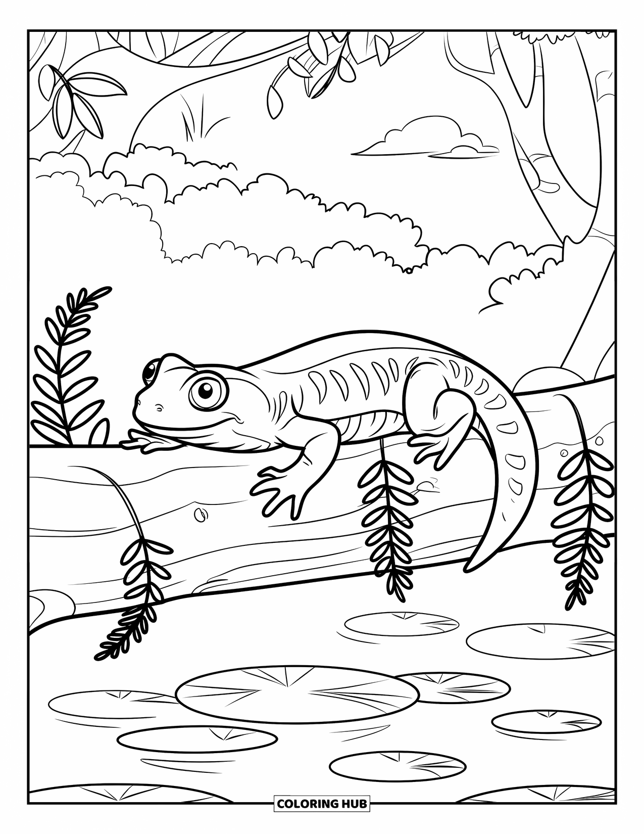 Salamander Coloring Page for Kids: Patterned salamander on log in water with lily pads