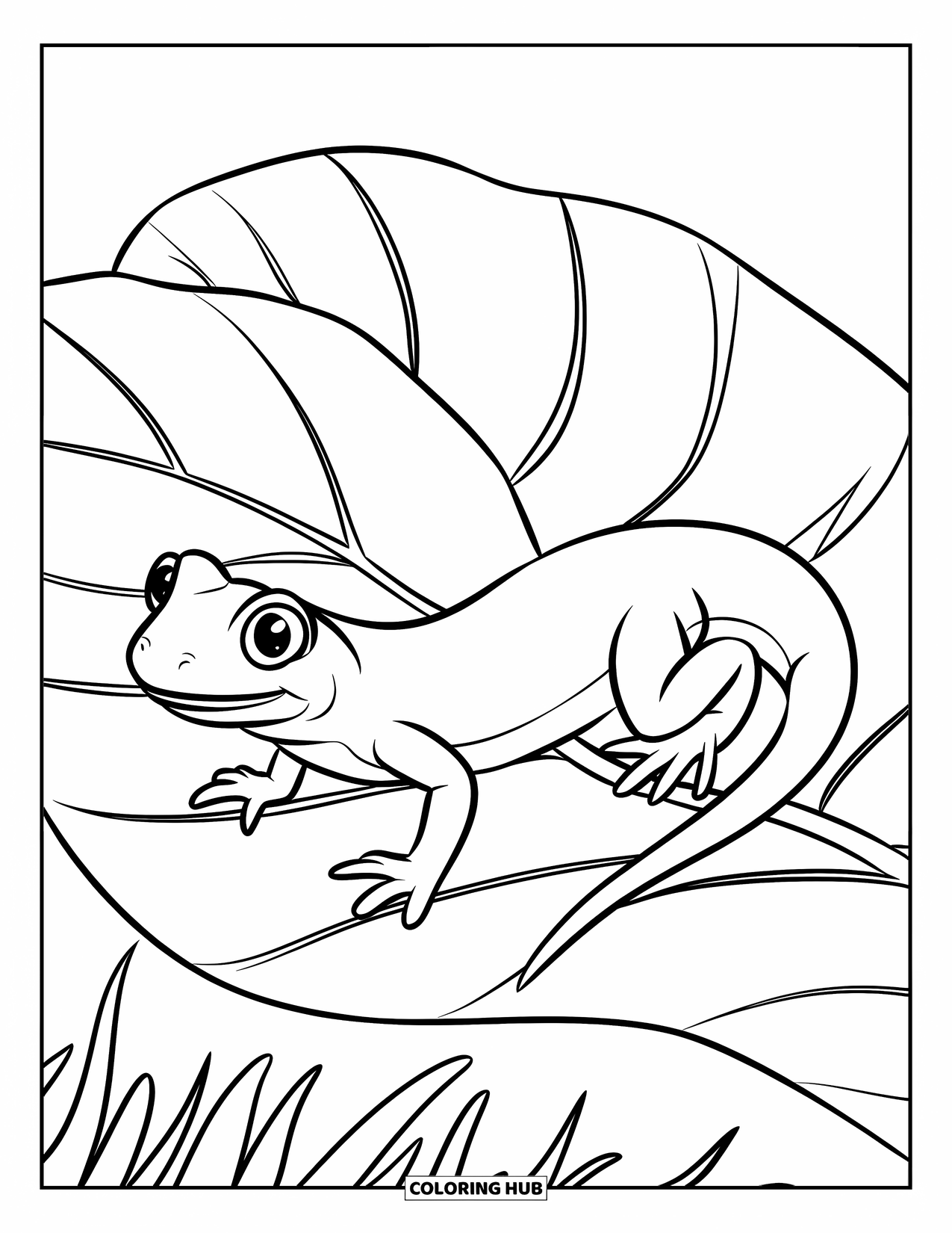 Salamander Coloring Page for Kids: Playful salamander on a big leaf with bold outlines