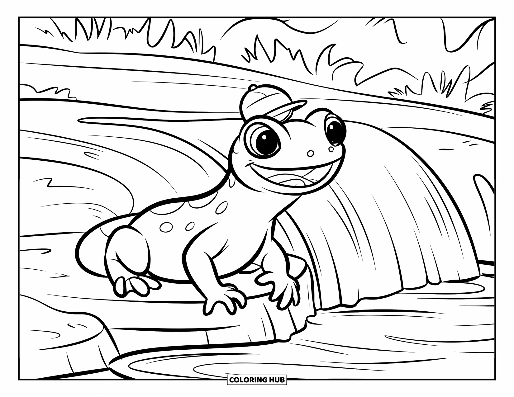Salamander Coloring Page for Kids: Salamander in a hat beside a small waterfall and pool