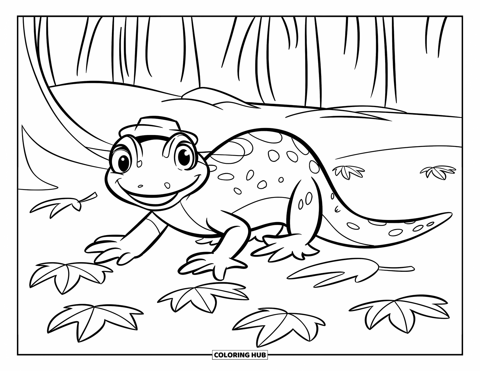 Salamander Coloring Page for Kids: Salamander in a hat moving through autumn leaves in a forest clearing