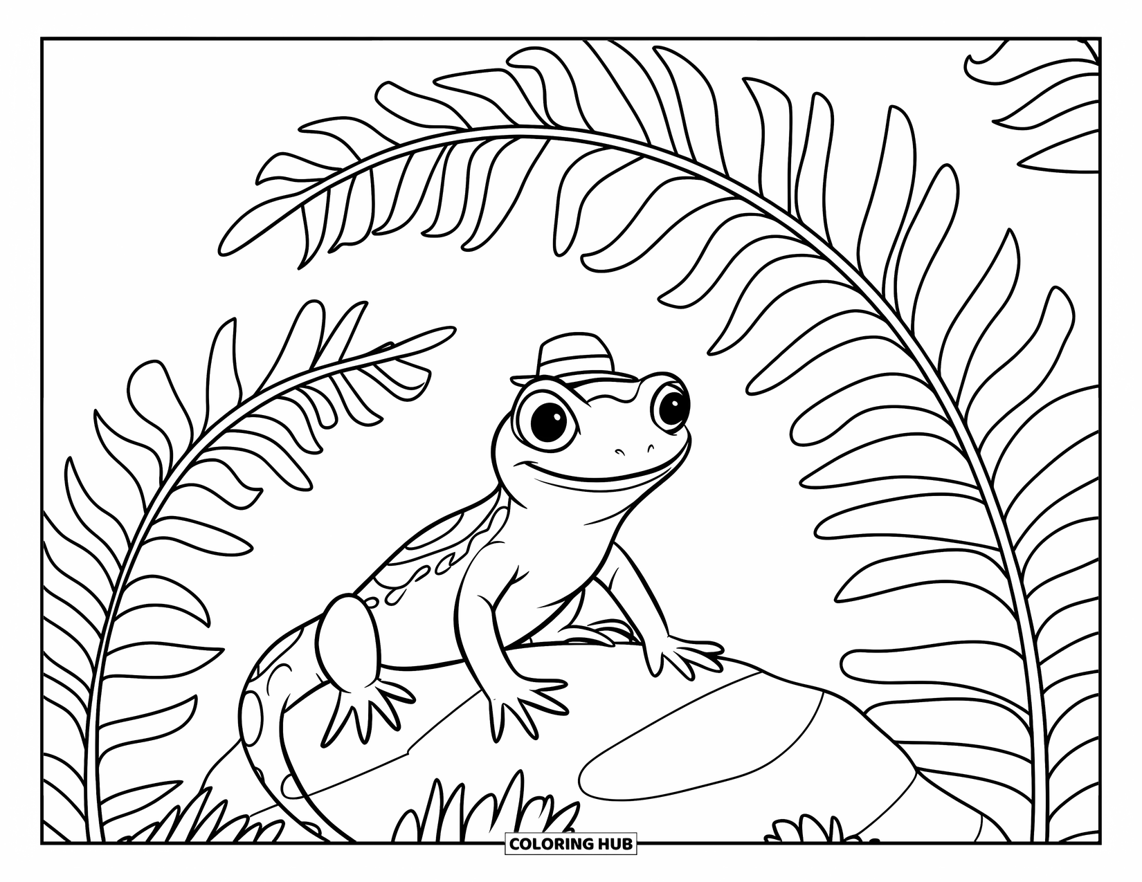 Salamander Coloring Page for Kids: Salamander in a tiny hat perched on a mossy rock among ferns