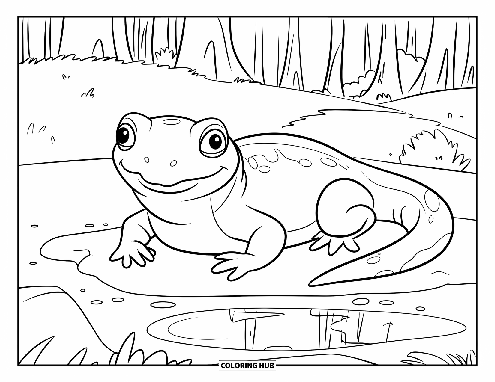 Salamander Coloring Page for Kids: Shiny-skinned salamander on rock near puddle in a forest