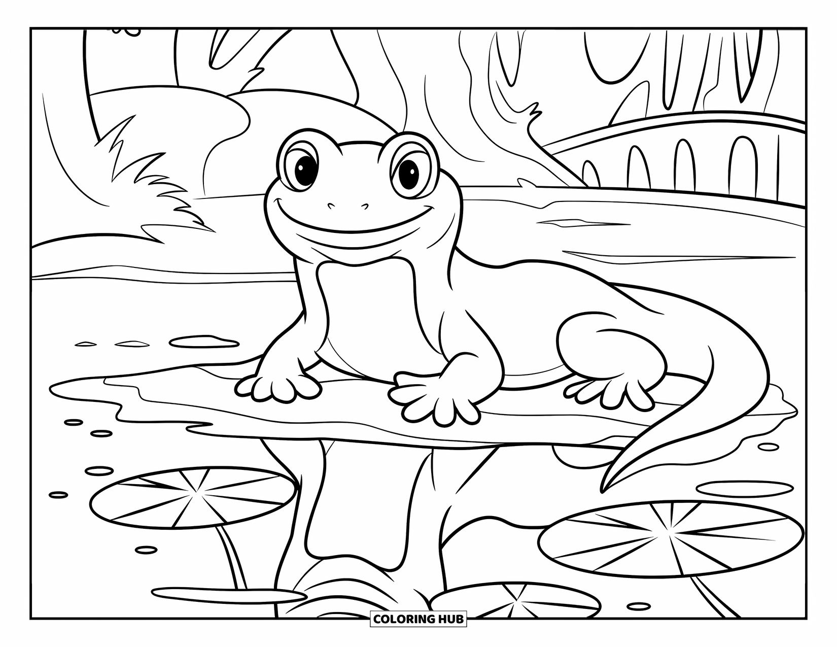 Salamander Coloring Page for Kids: Smiling salamander by a puddle with lily pads and a bridge