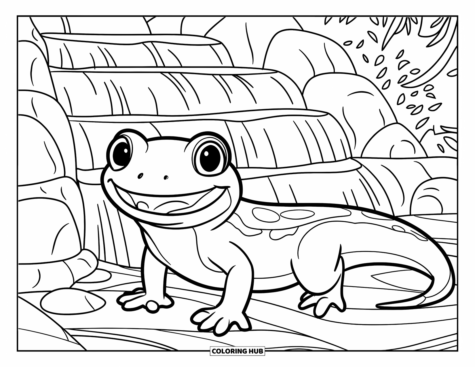Salamander Coloring Page for Kids: Smiling salamander by a small waterfall surrounded by rocks