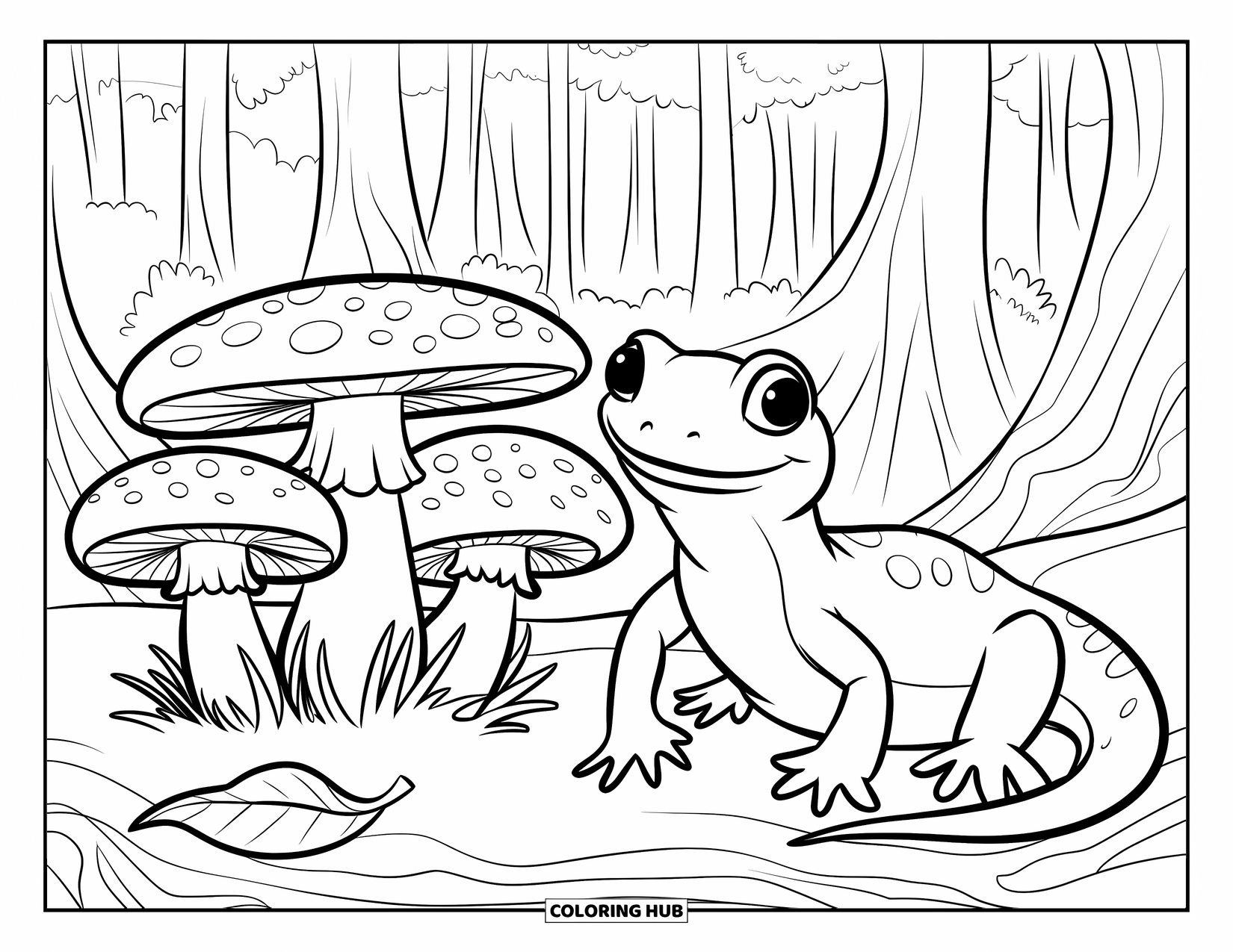 Salamander Coloring Page for Kids: Smiling salamander on a log beside large mushrooms