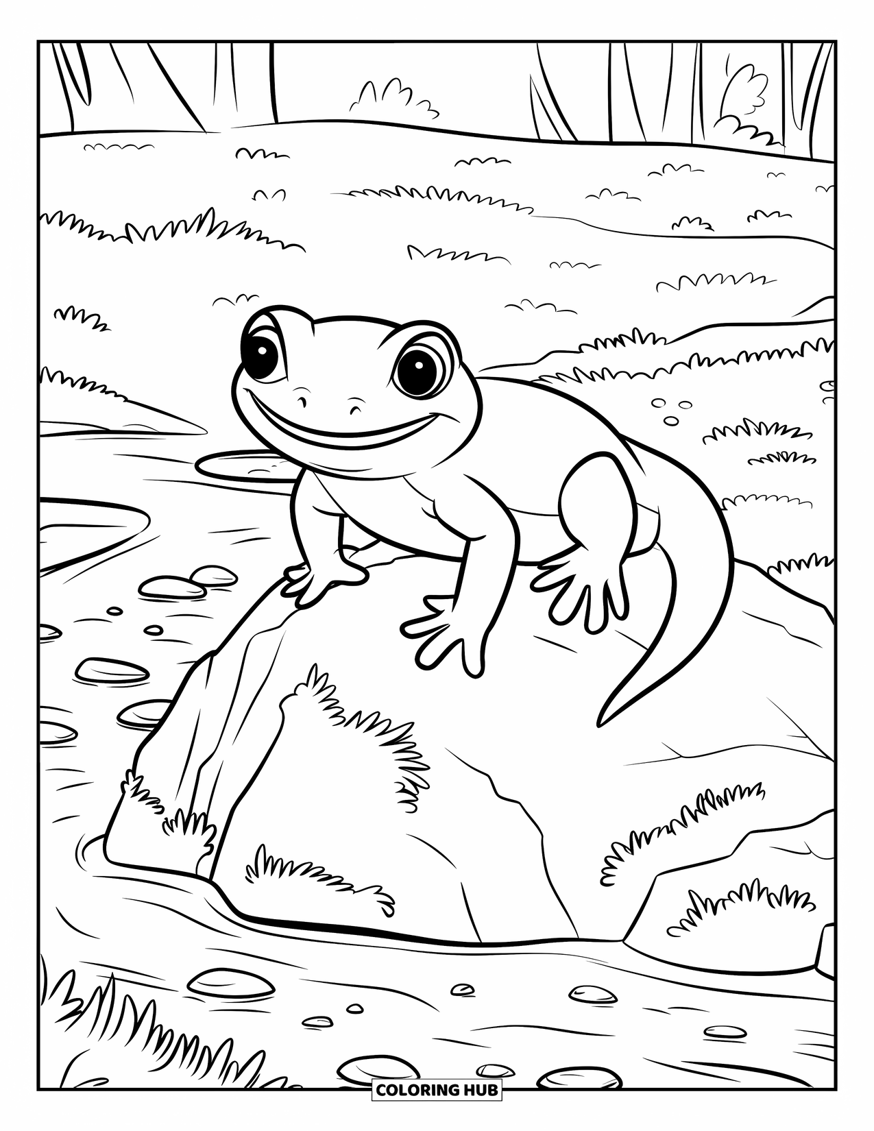 Salamander Coloring Page for Kids: Smiling salamander on mossy rock with stream and pebbles