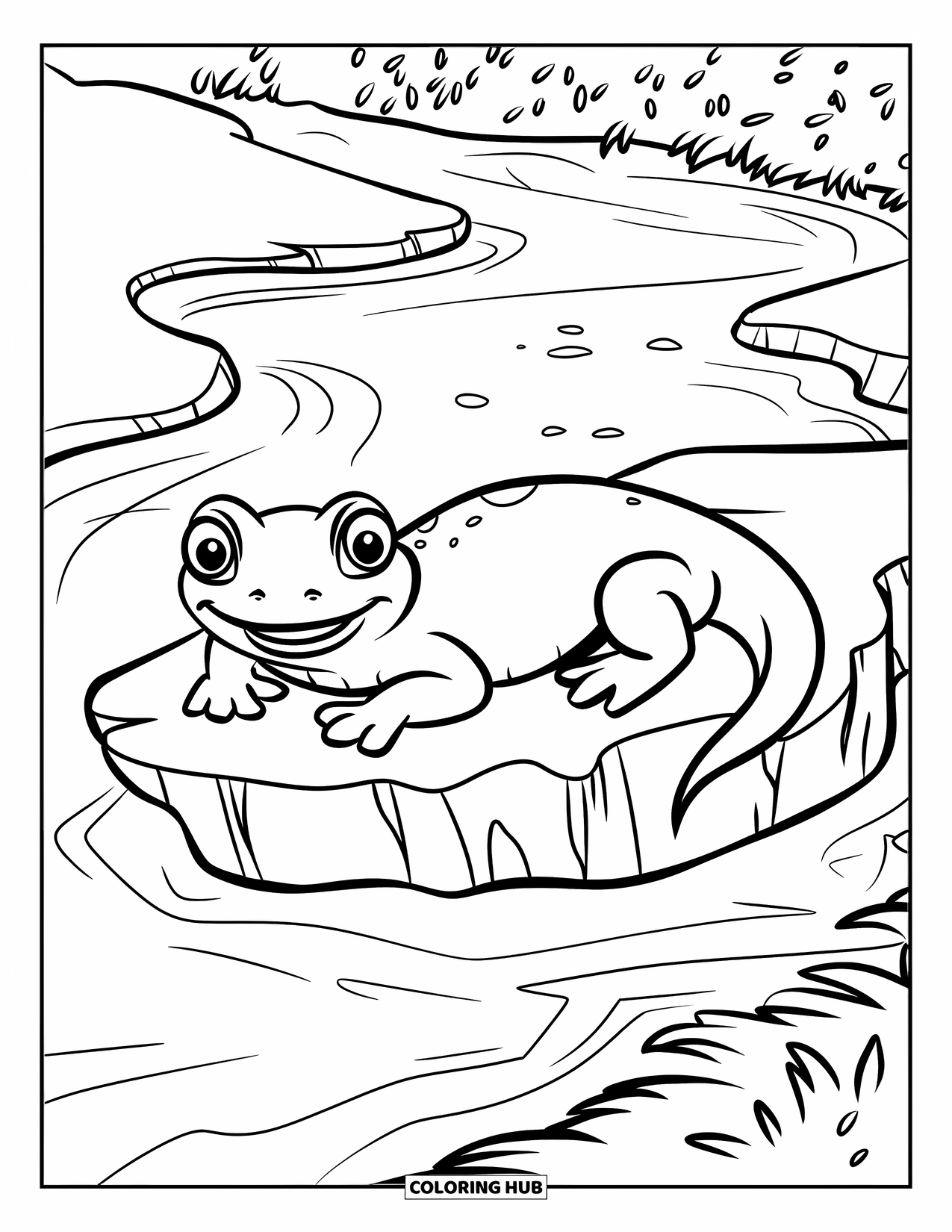 Salamander Coloring Page for Kids: Smiling salamander resting on a rock by a gentle stream