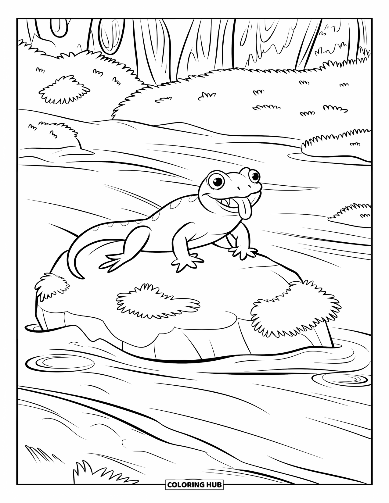 Salamander Coloring Page for Kids: Wide-eyed salamander with curled tongue on mossy stream rock