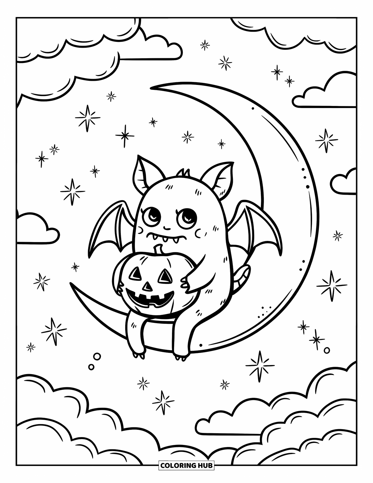 Scary Monster Coloring Page for Adults: A bat-winged monster dangles its legs on a crescent moon hugging a plush pumpkin
