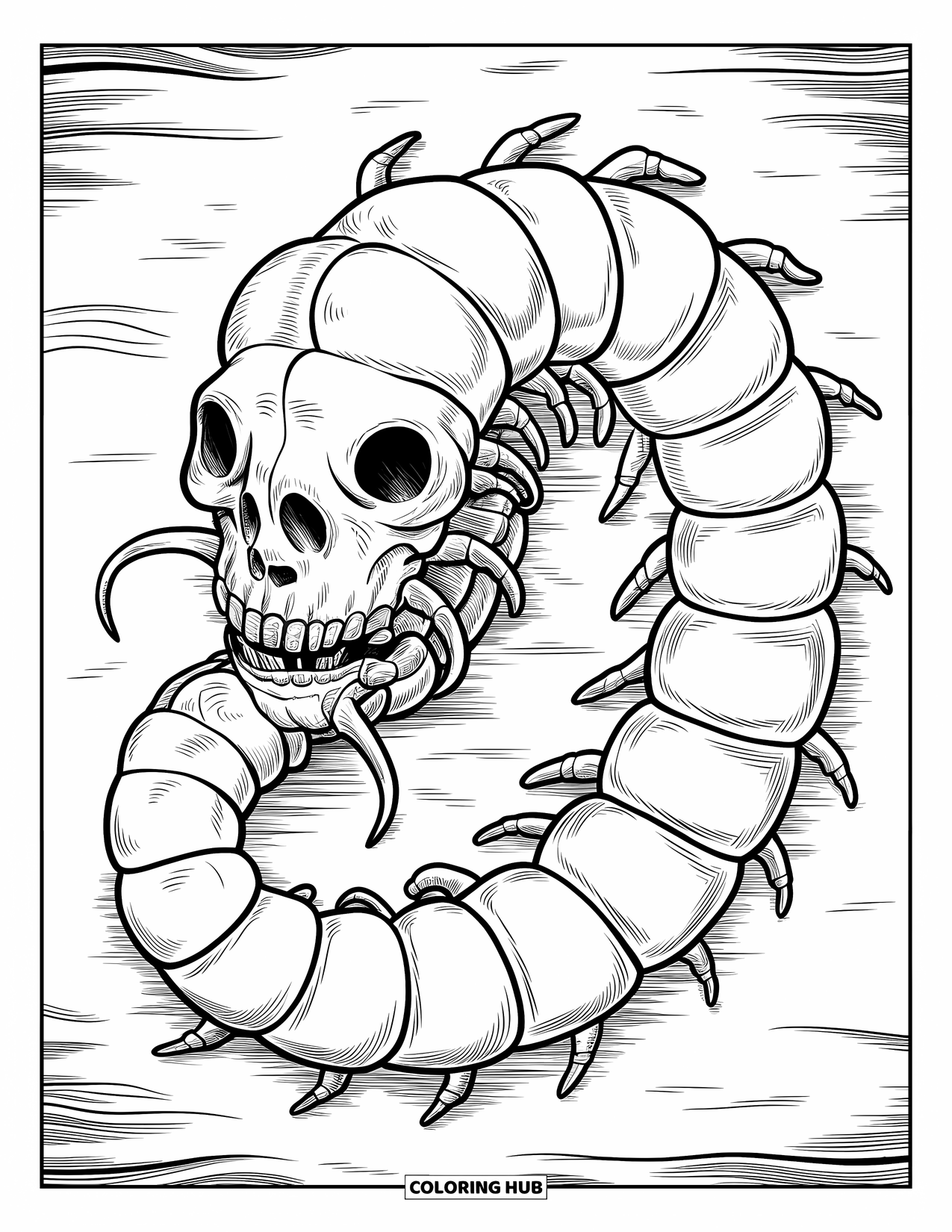 Scary Monster Coloring Page for Adults: A coiled centipede with skull-like segments rests on a textured patterned surface