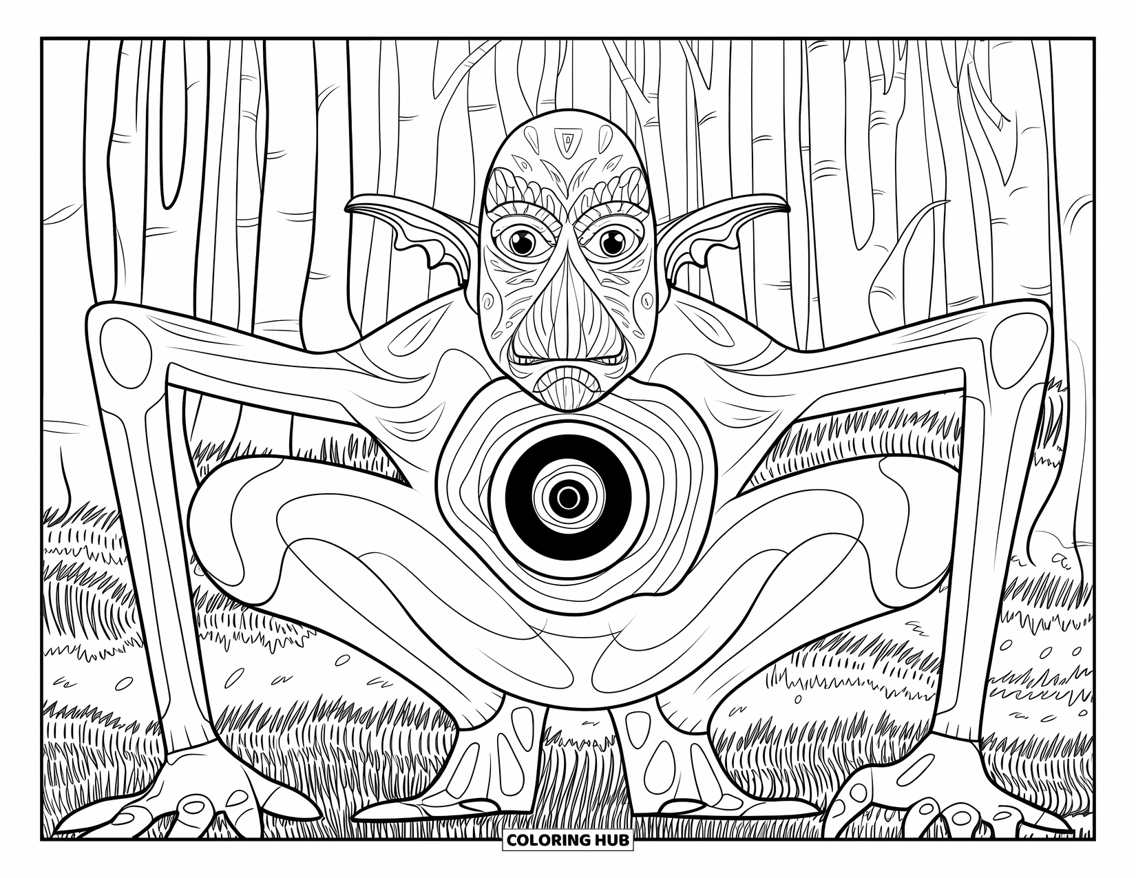 Scary Monster Coloring Page for Adults: A crouched monster with long limbs and a chest eye rests in a patterned forest