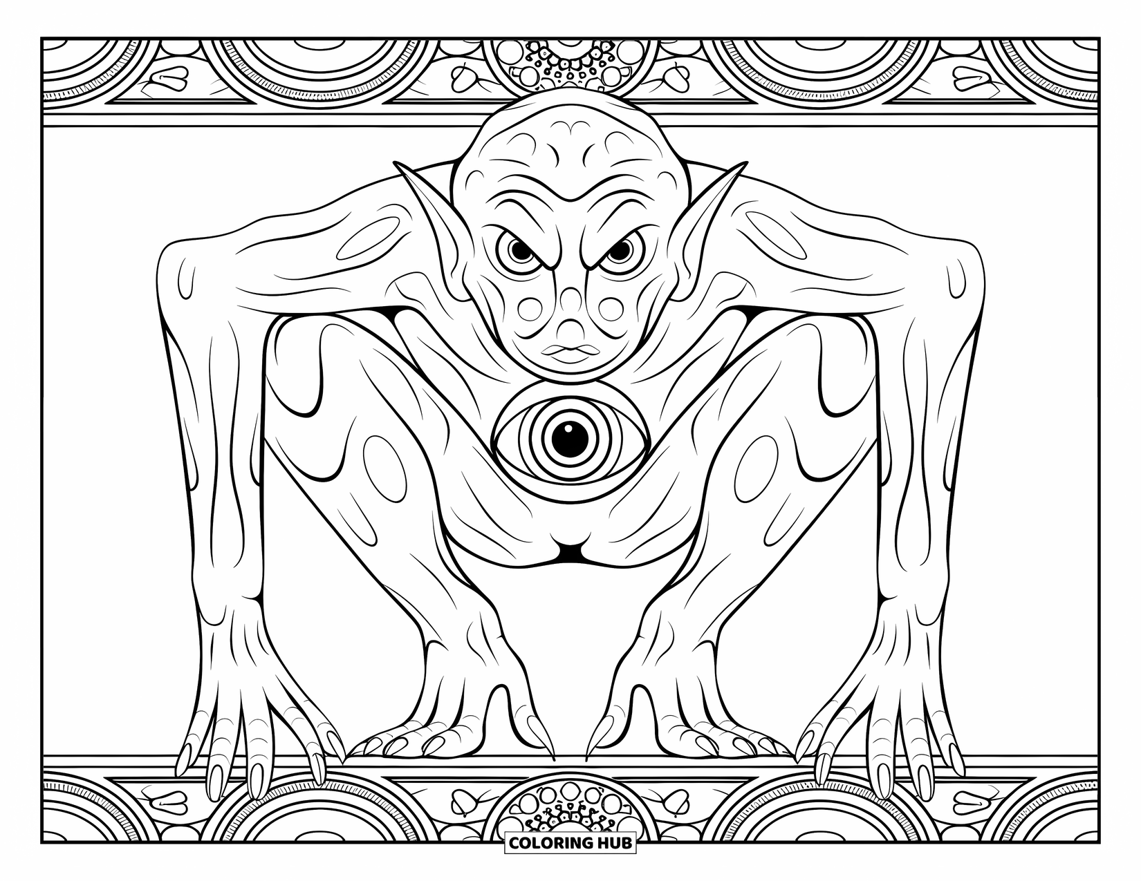 Scary Monster Coloring Page for Adults: A crouched monster with long limbs and a swirling third eye sits in patterns and borders
