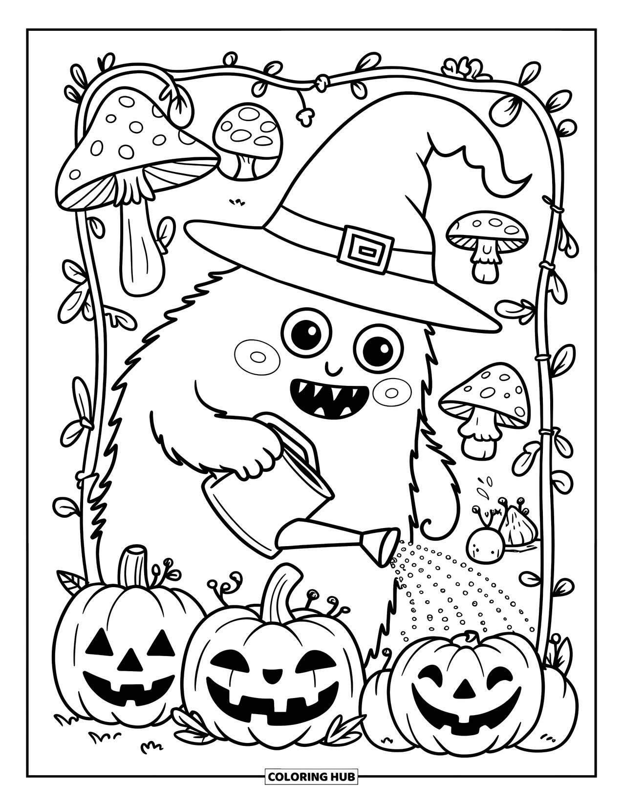 Scary Monster Coloring Page for Adults: A cute monster in a witch hat waters jack-o-lanterns with mushrooms and gnomes nearby