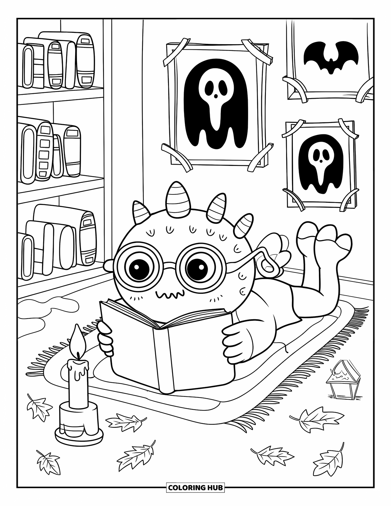 Scary Monster Coloring Page for Adults: A cyclops monster in glasses reads by candlelight on a rug surrounded by spooky art