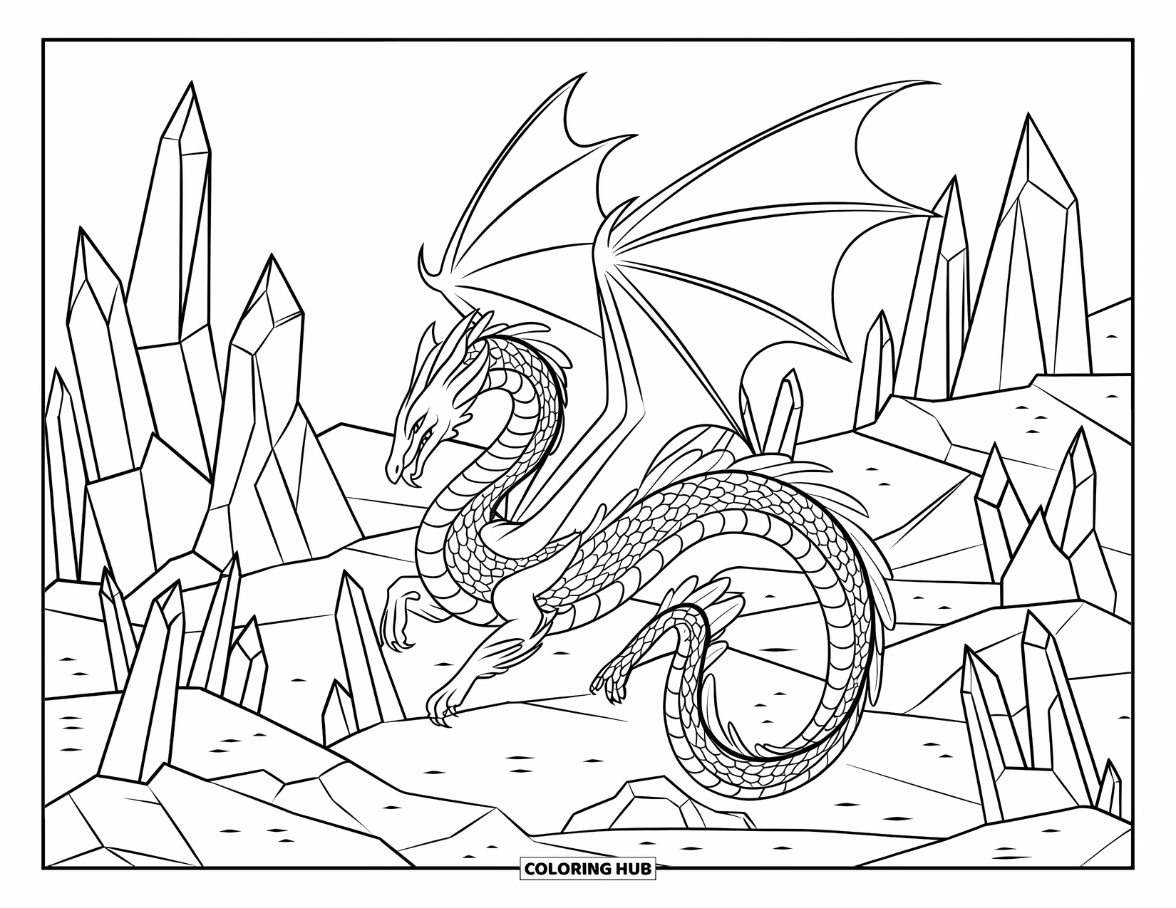 Scary Monster Coloring Page for Adults: A dragon-like beast with wings coils among twisted crystal spires on rocky terrain