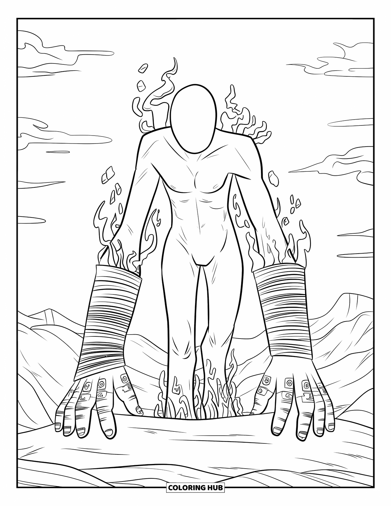 Scary Monster Coloring Page for Adults: A faceless creature with smoky limbs and ritual bands stands on rocks near distant mountains