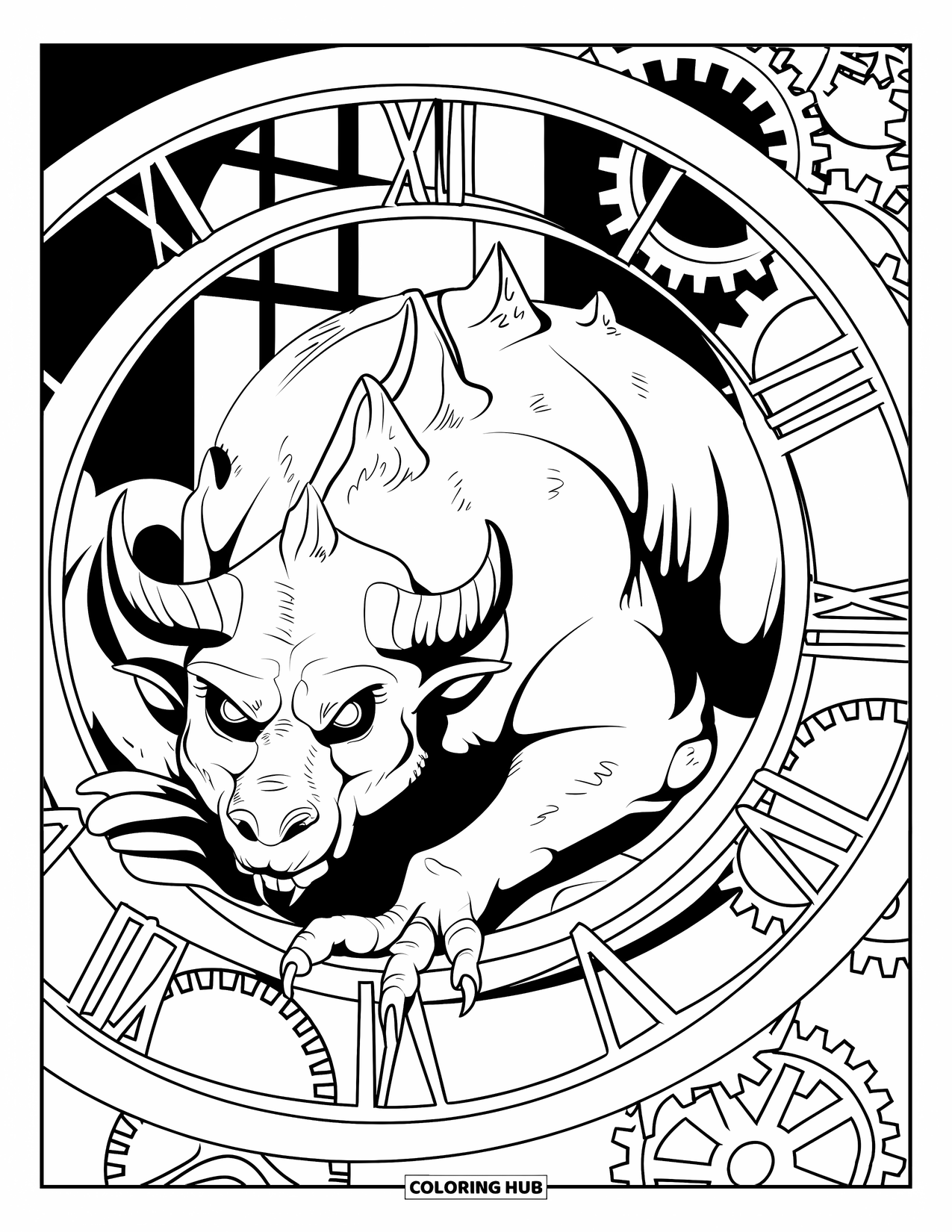 Scary Monster Coloring Page for Adults: A horned beast crawls through tangled clock gears and chains inside a dark room