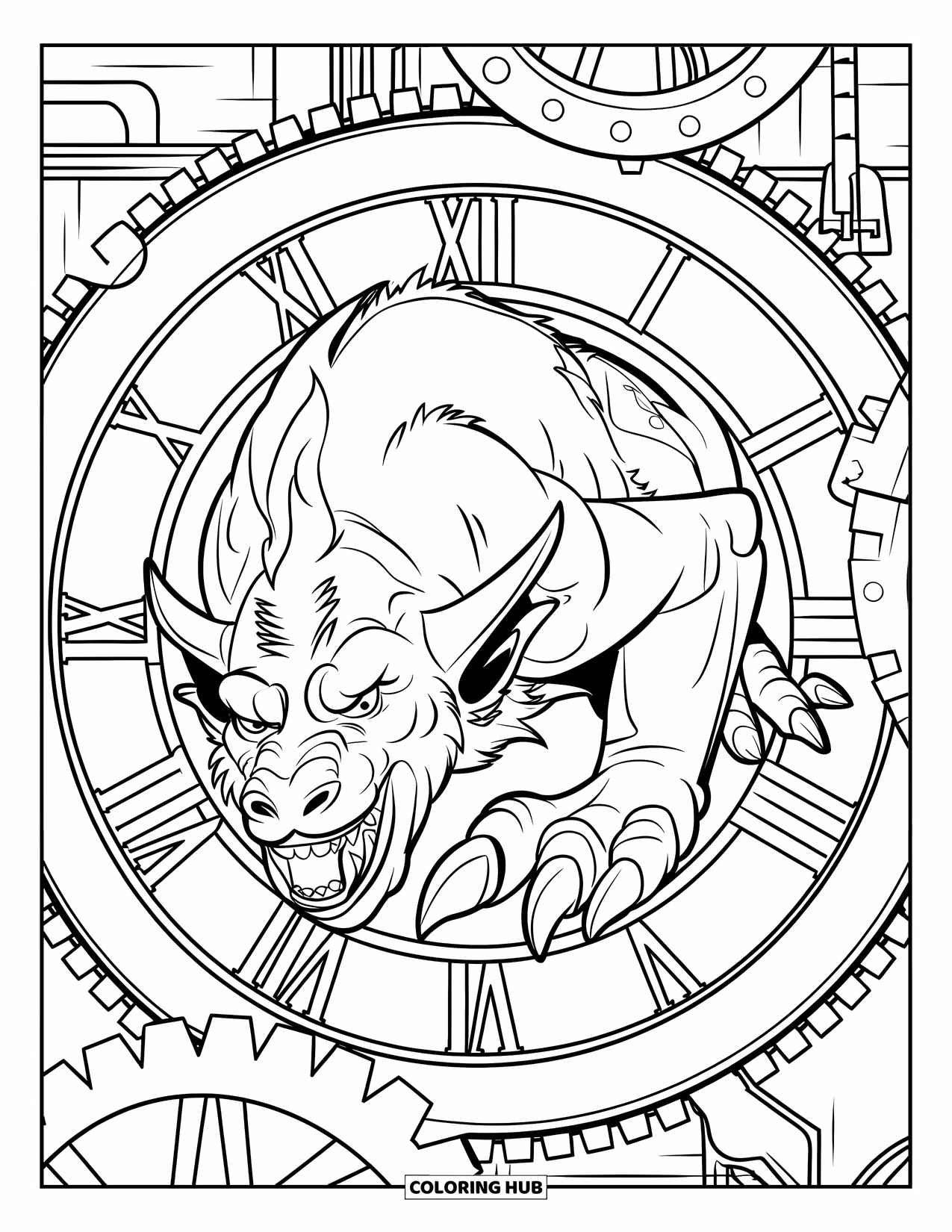 Scary Monster Coloring Page for Adults: A horned beast with sharp teeth crawls through gears and chains in an old industrial room