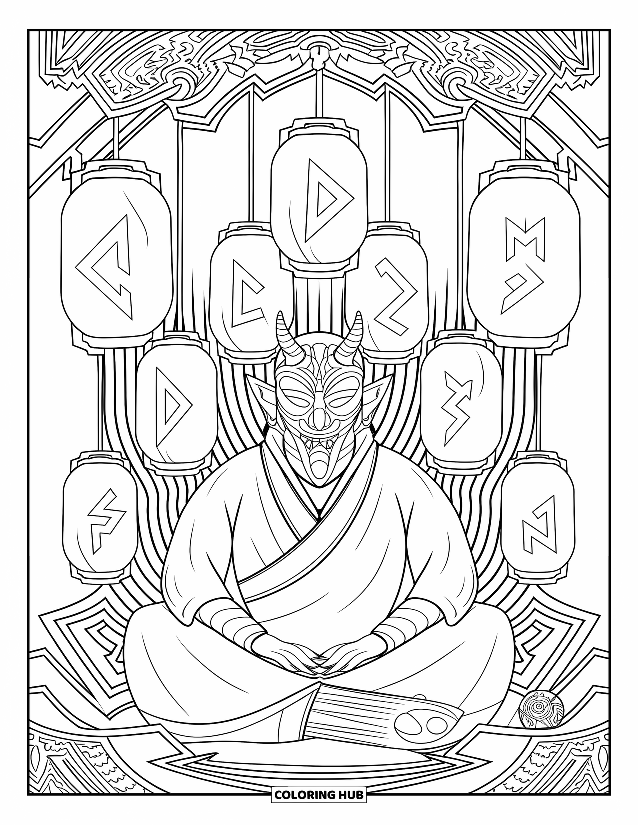 Scary Monster Coloring Page for Adults: A horned masked demon sits in meditation under lanterns with runes and ornate borders