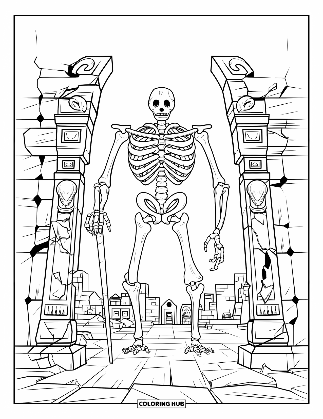 Scary Monster Coloring Page for Adults: A human-like bone golem with a staff stands before temple gates and ruined buildings